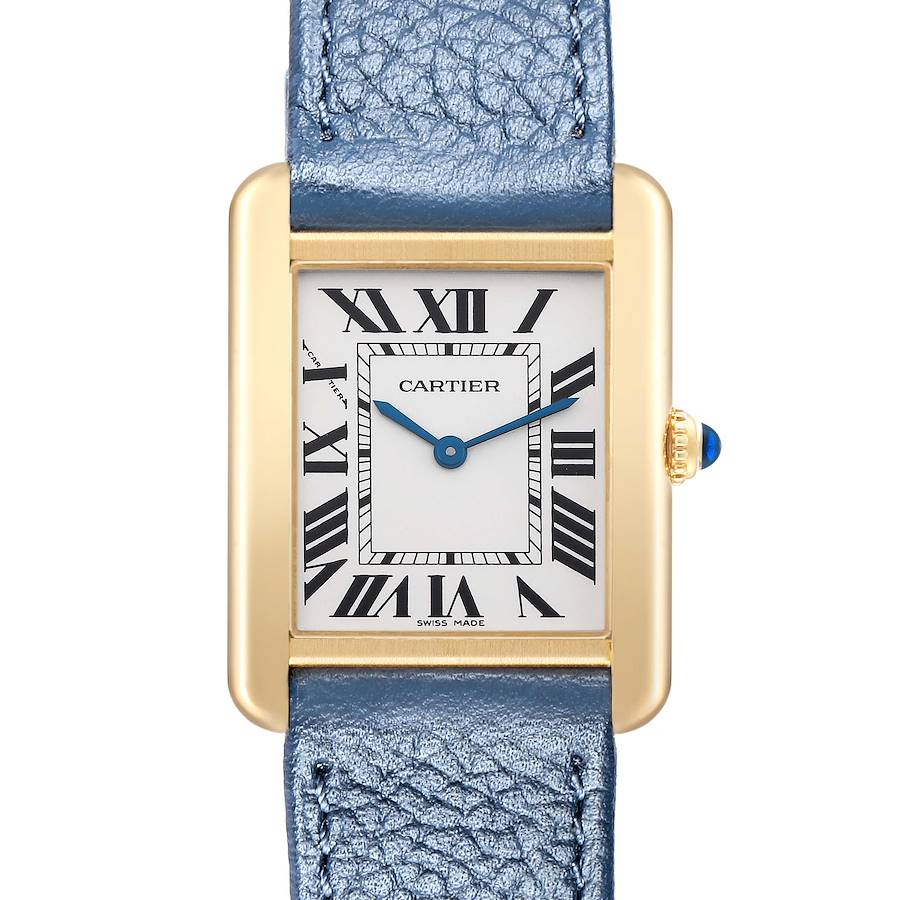 The Cartier Tank Solo W5200002 Women's Yellow Gold Silver Dial watch is shown from a front angle, displaying its rectangular face, Roman numerals, and a blue leather strap.