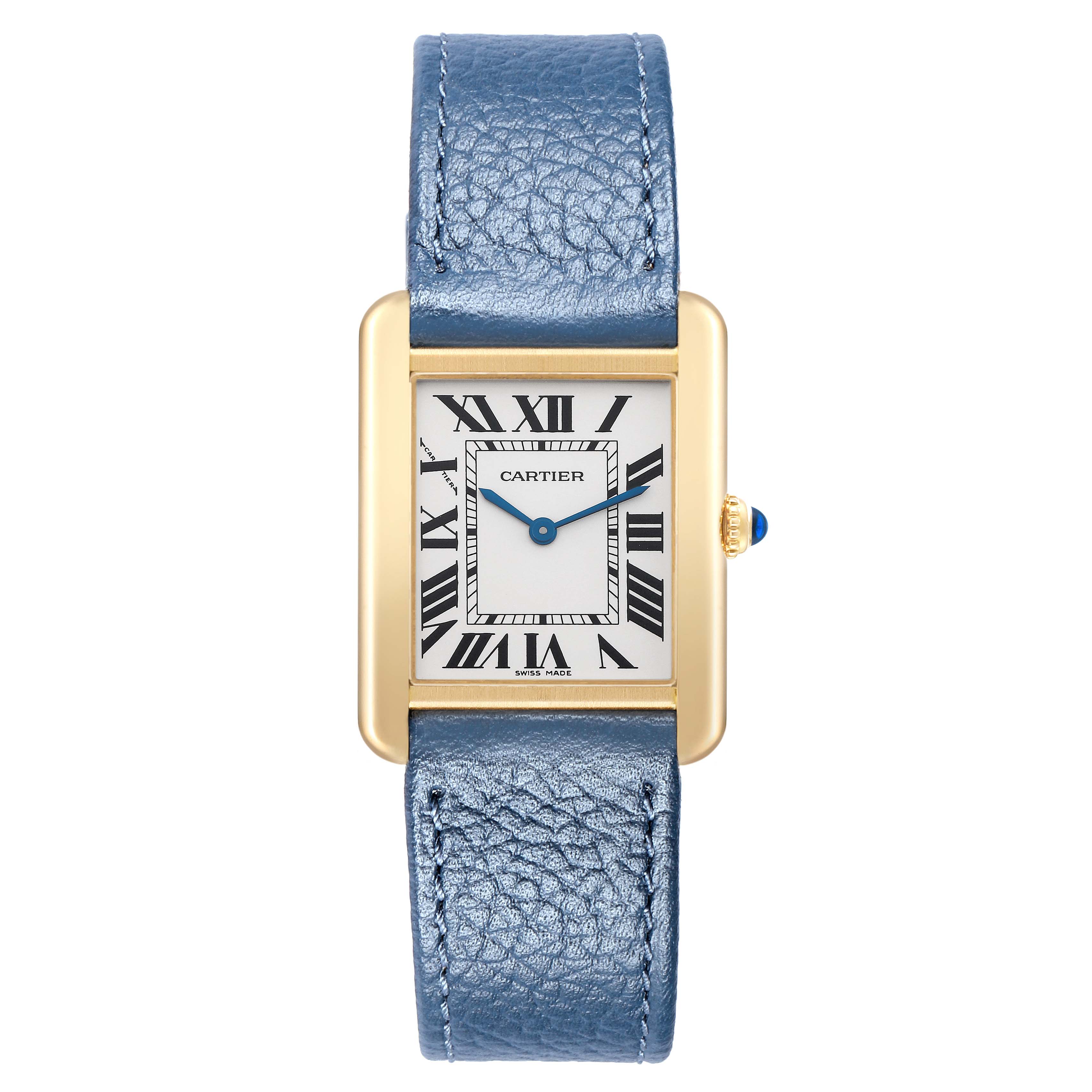 The Cartier Tank Solo W5200002 Women
s Yellow Gold Silver Dial watch is shown from the front, displaying its rectangular face, blue leather strap, and side crown.