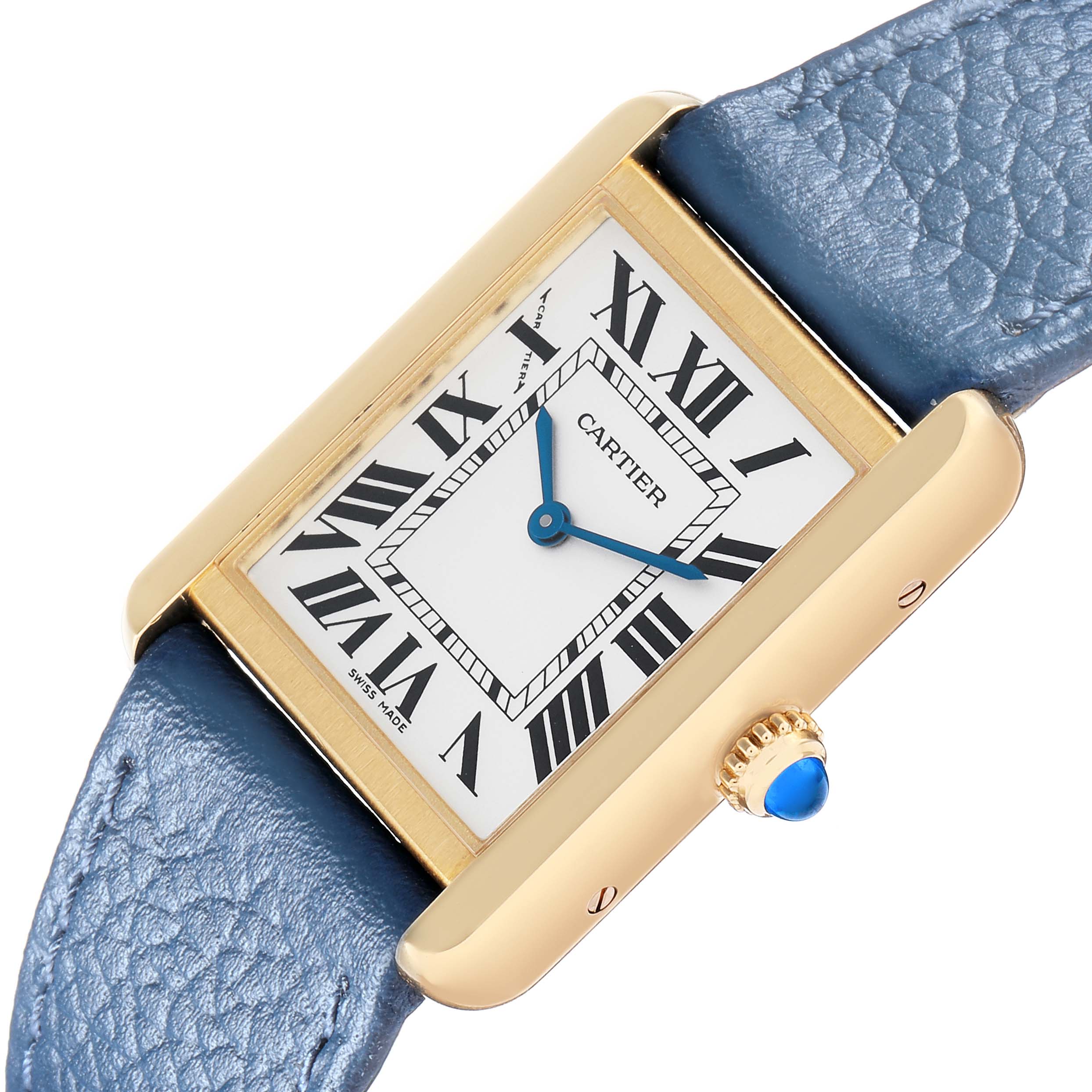 The Cartier Tank Solo W5200002 Women
s Yellow Gold Silver Dial watch is shown at an angled view, highlighting its face, Roman numerals, blue hands, and leather strap.