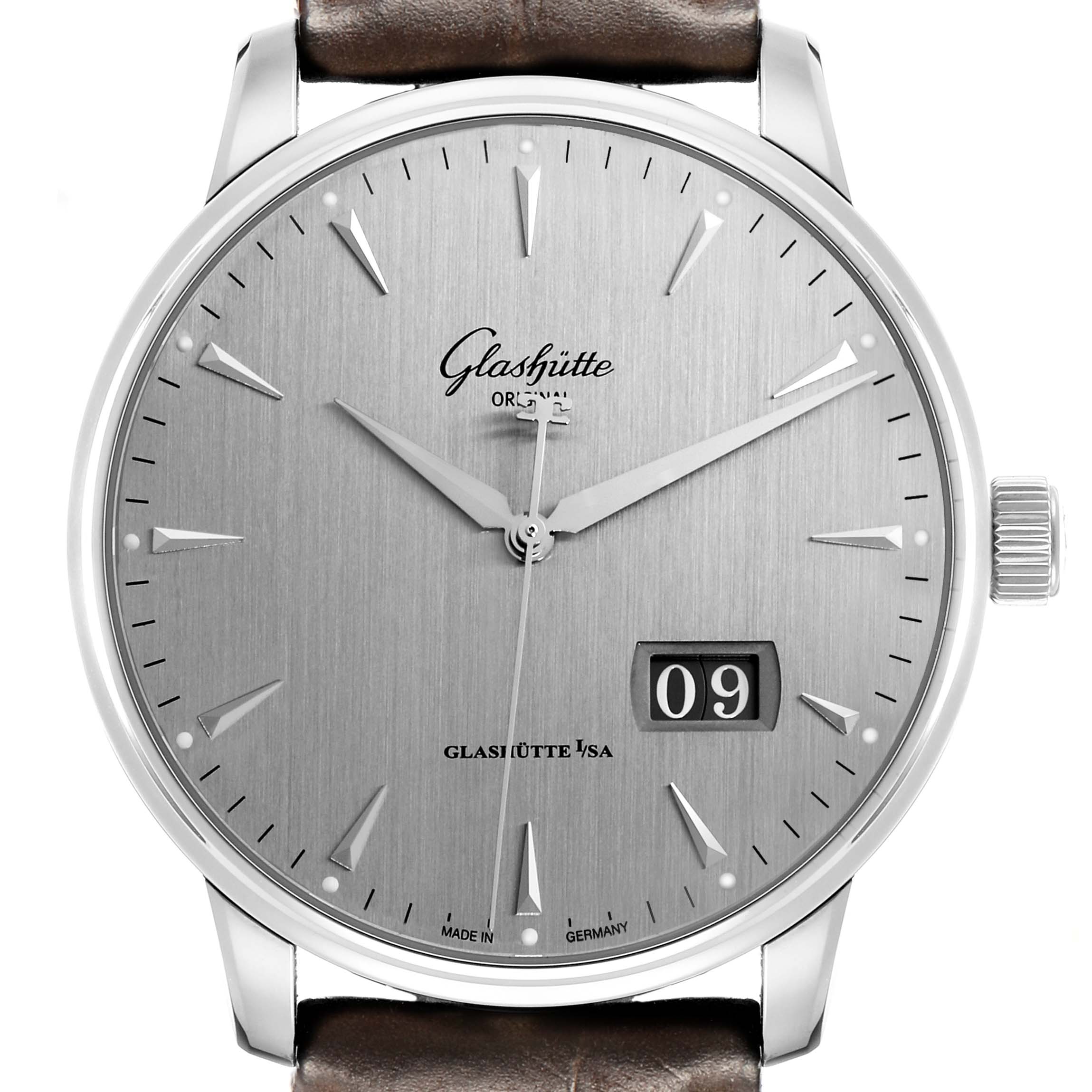 The Glashütte Senator watch is shown from the front, revealing its dial, hands, date window, and part of the leather strap.
