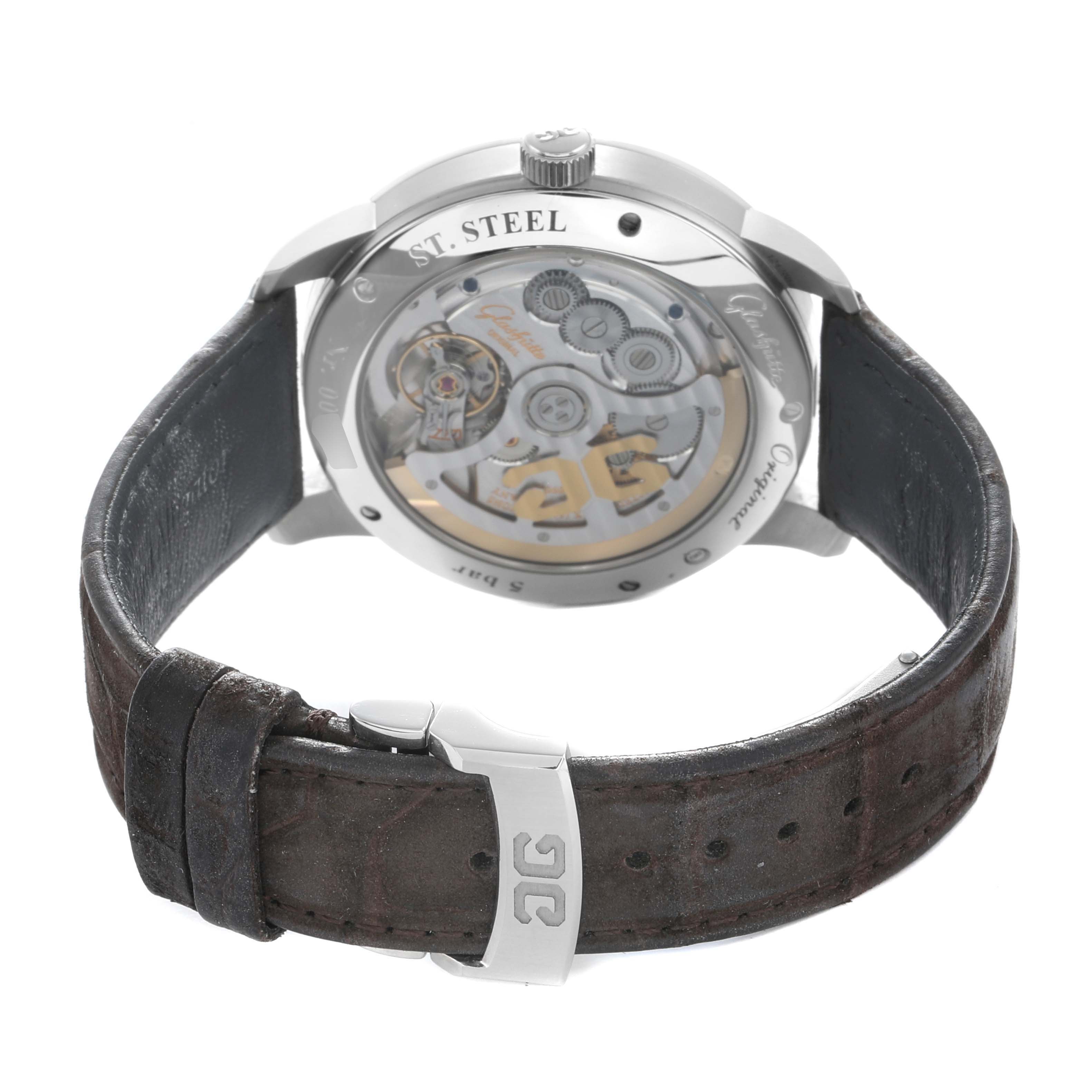 The image shows a Glashütte Senator watch from the back, highlighting the movement and leather strap.