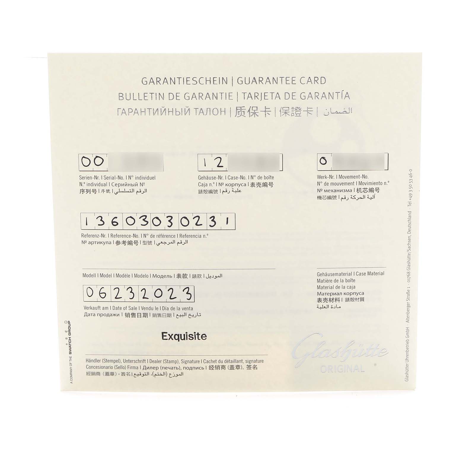 The image shows the guarantee card for the Glashütte Senator model, displaying serial, reference, and movement numbers.