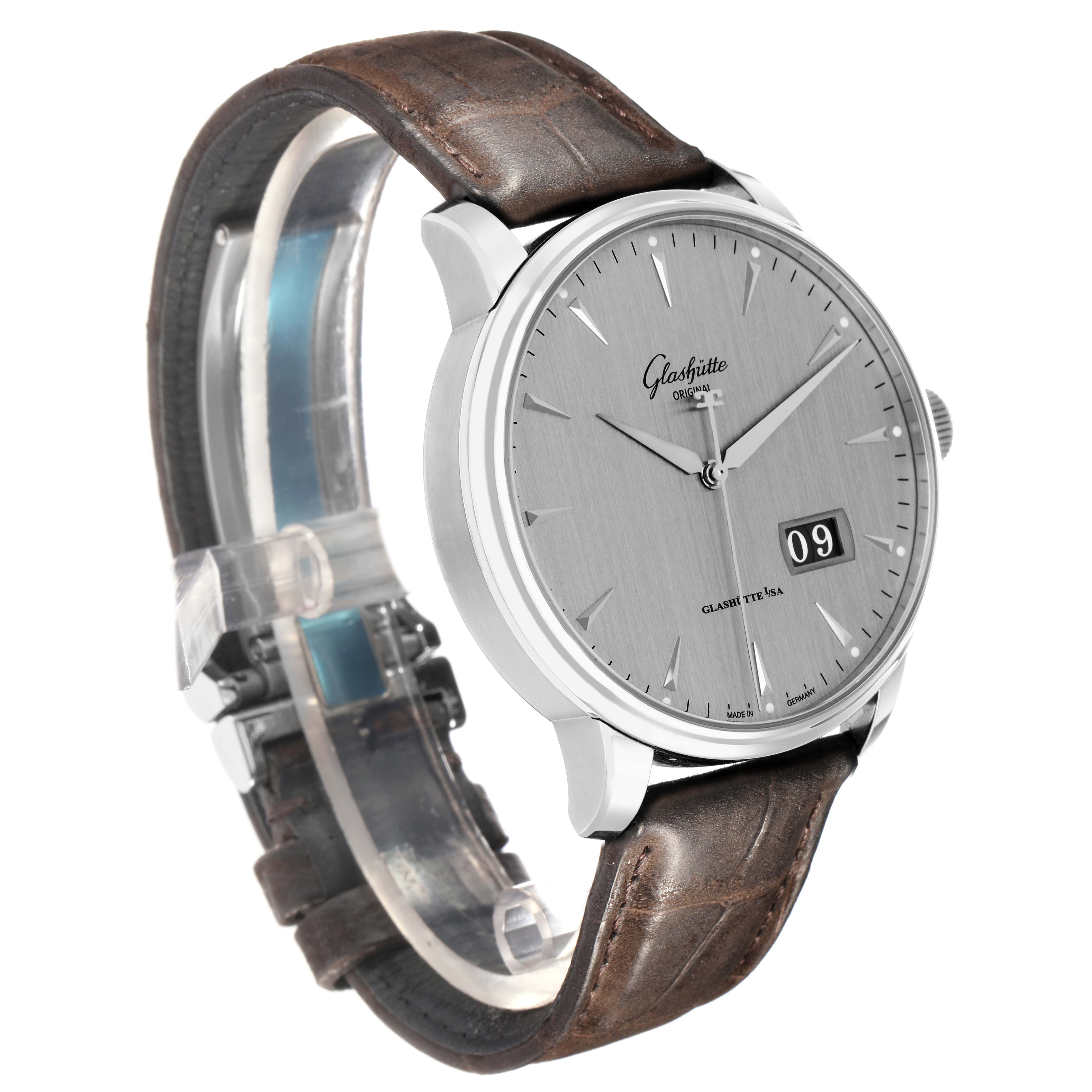 The Glashutte Senator 1-36-03-03-02-31 Men
s Stainless Steel Silver Dial model is shown at a slight angled side view, highlighting the silver dial, brown leather strap, and case details.