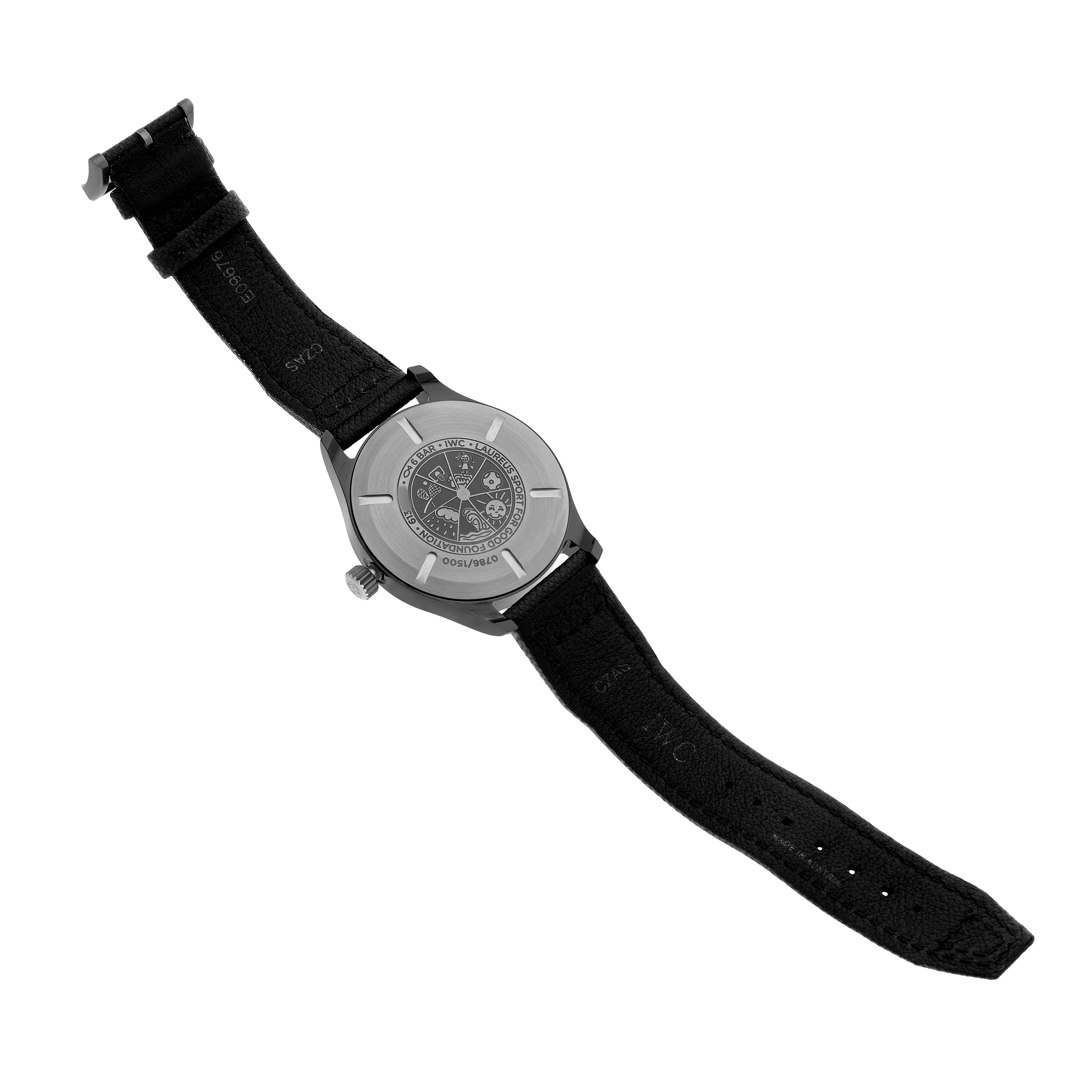The IWC Pilot IW324703 Men's Ceramic Blue Dial model watch is shown from the back, highlighting the case back and strap.