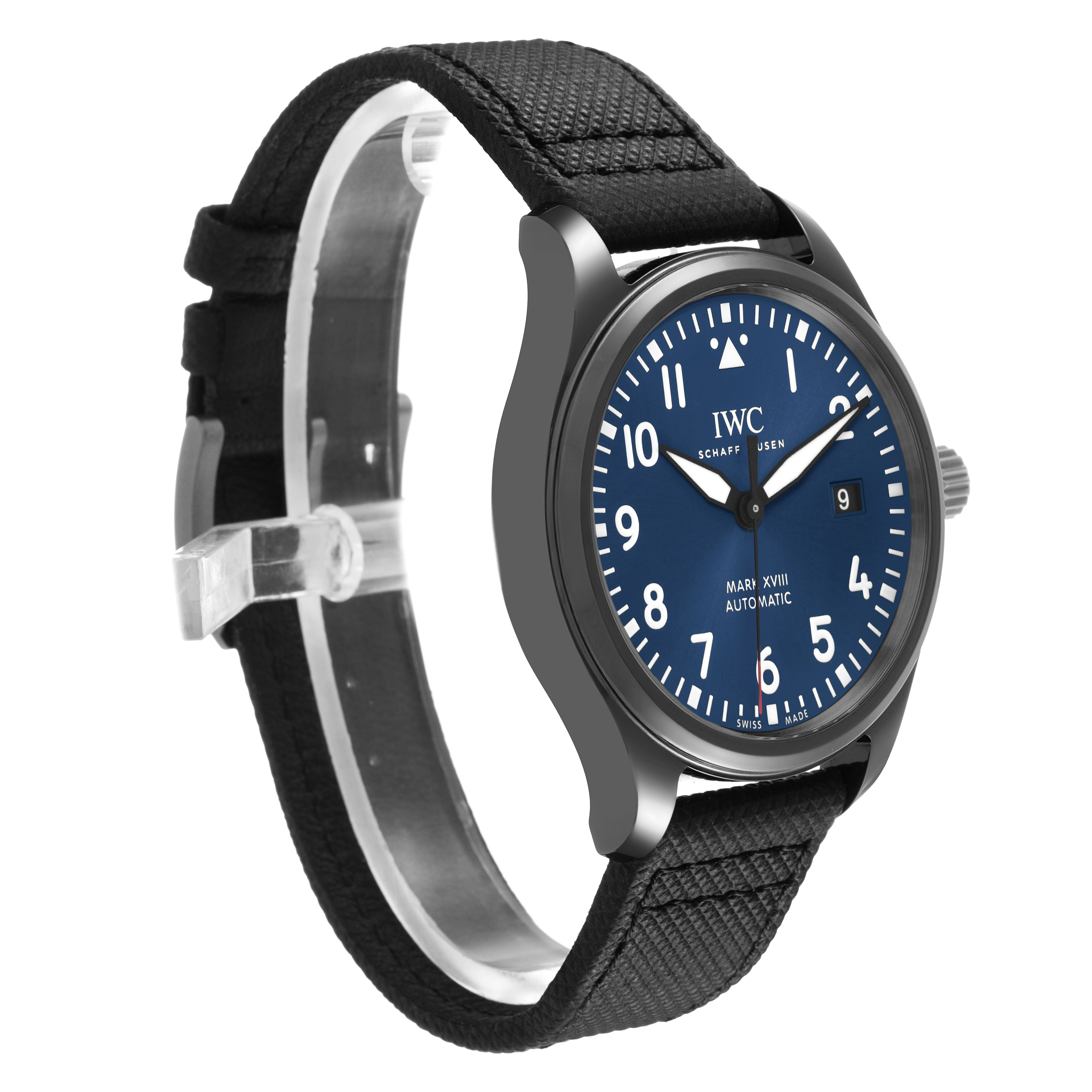 The IWC Pilot IW324703 Men's Ceramic Blue Dial model watch is shown at a front angled view, highlighting its blue dial, numbers, crown, and black strap.