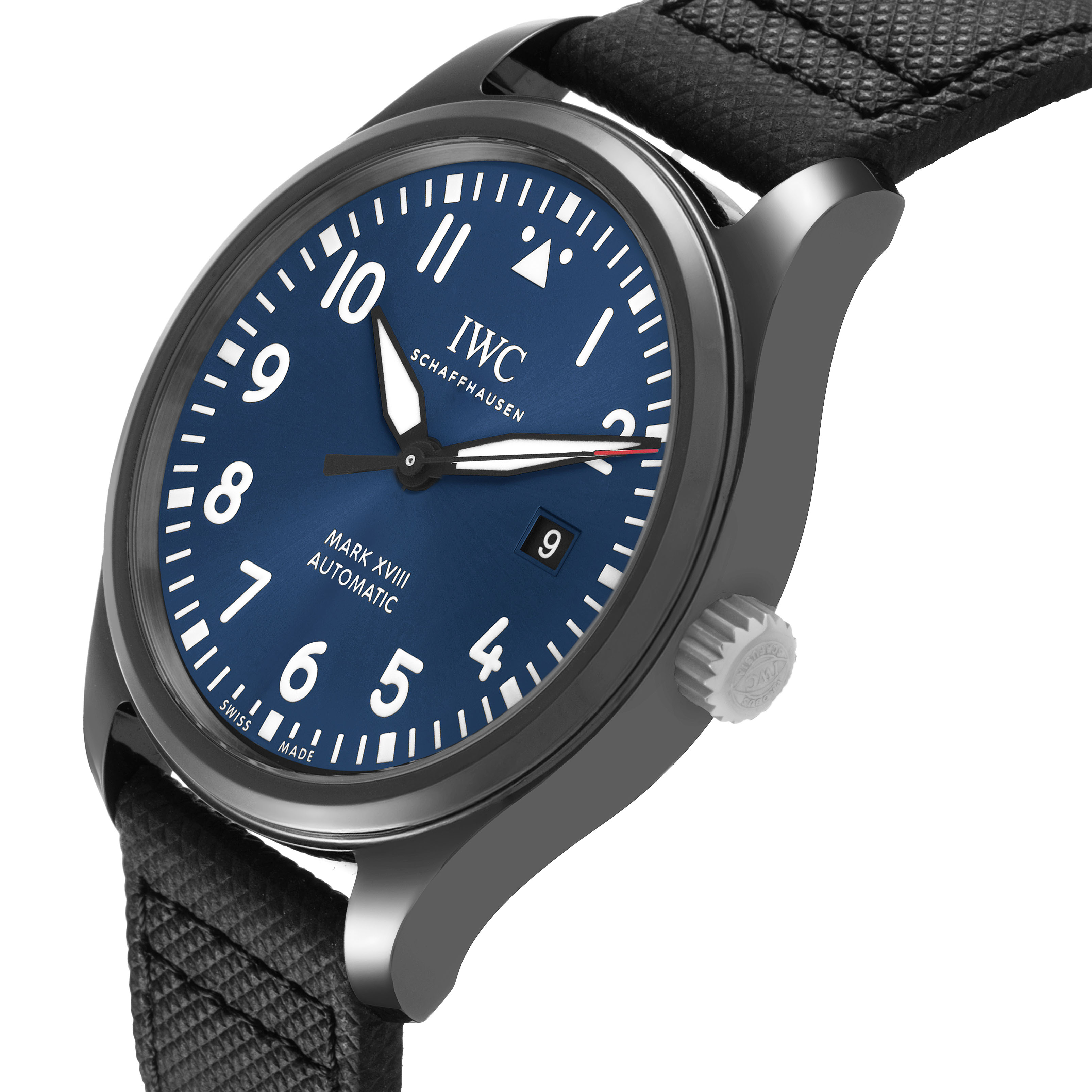The IWC Pilot IW324703 Men's Ceramic Blue Dial Mark XVIII watch is shown at an angle highlighting the dial, crown, and part of the strap.