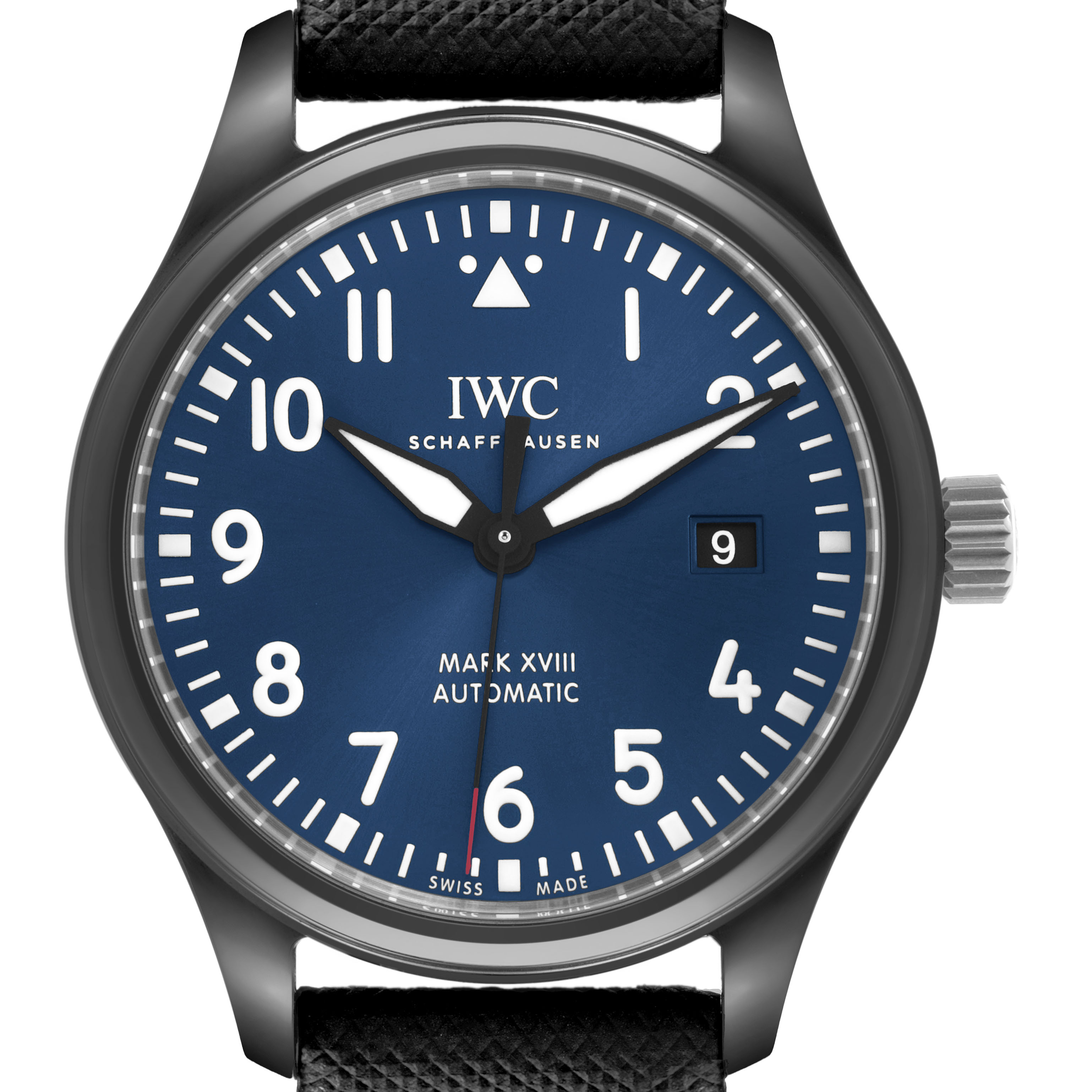 The IWC Pilot IW324703 Men's Ceramic Blue Dial Mark XVIII watch is shown from a front angle, displaying the dial, hands, numerals, and crown.