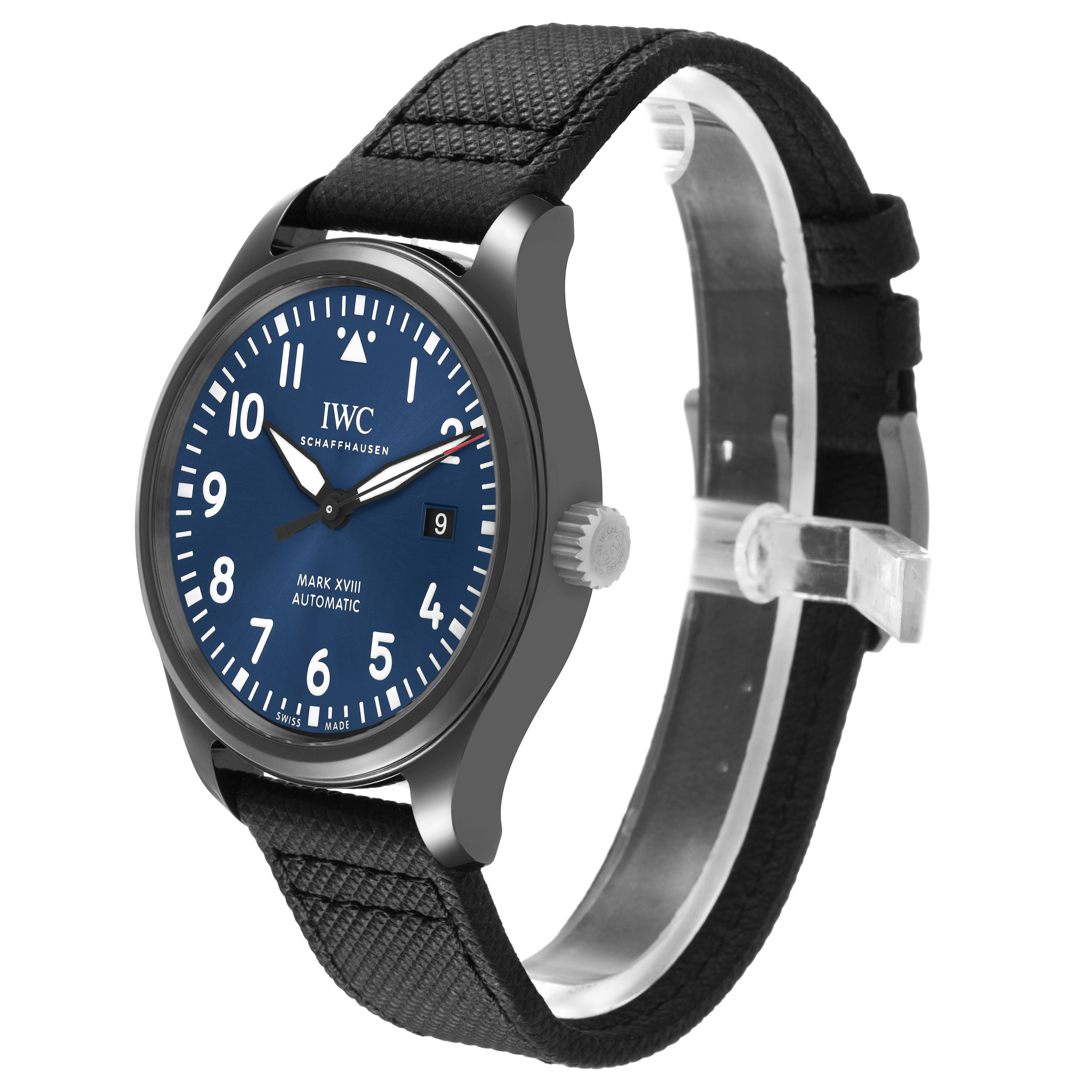 The IWC Pilot IW324703 Men's Ceramic Blue Dial Mark XVIII watch is shown at a three-quarter angle, displaying the watch face, crown, and strap.