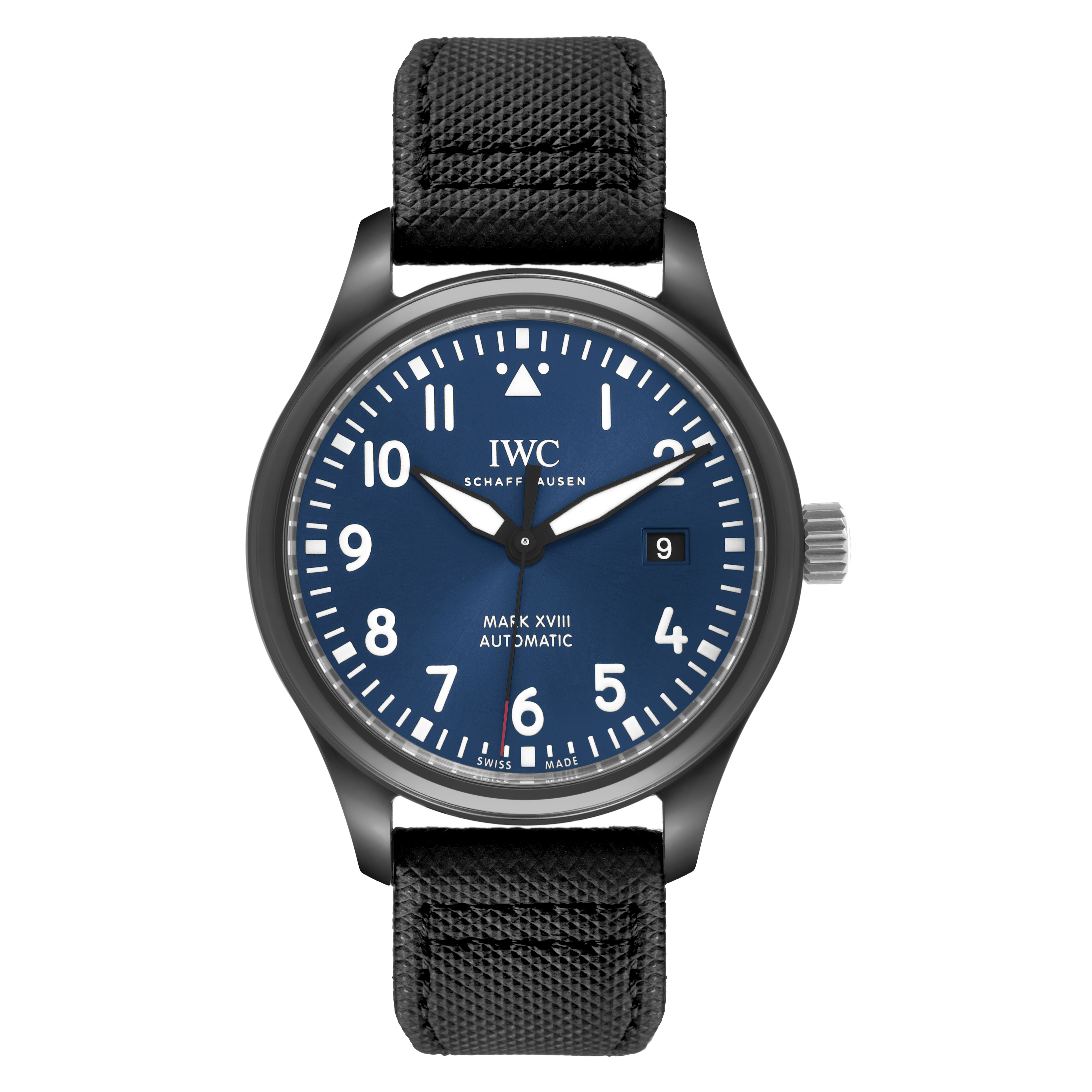 The IWC Pilot IW324703 Men's Ceramic Blue Dial model watch is shown from the front, displaying its dial, hands, case, and strap.