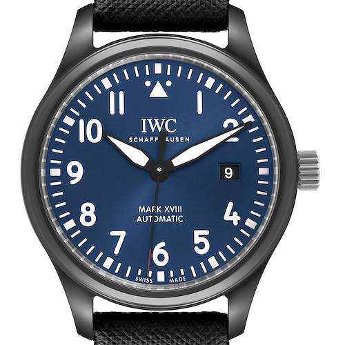 The image shows a front view of the IWC Pilot IW324703 Men's Ceramic Blue Dial Mark XVIII watch, highlighting the dial, numerals, hands, and crown.