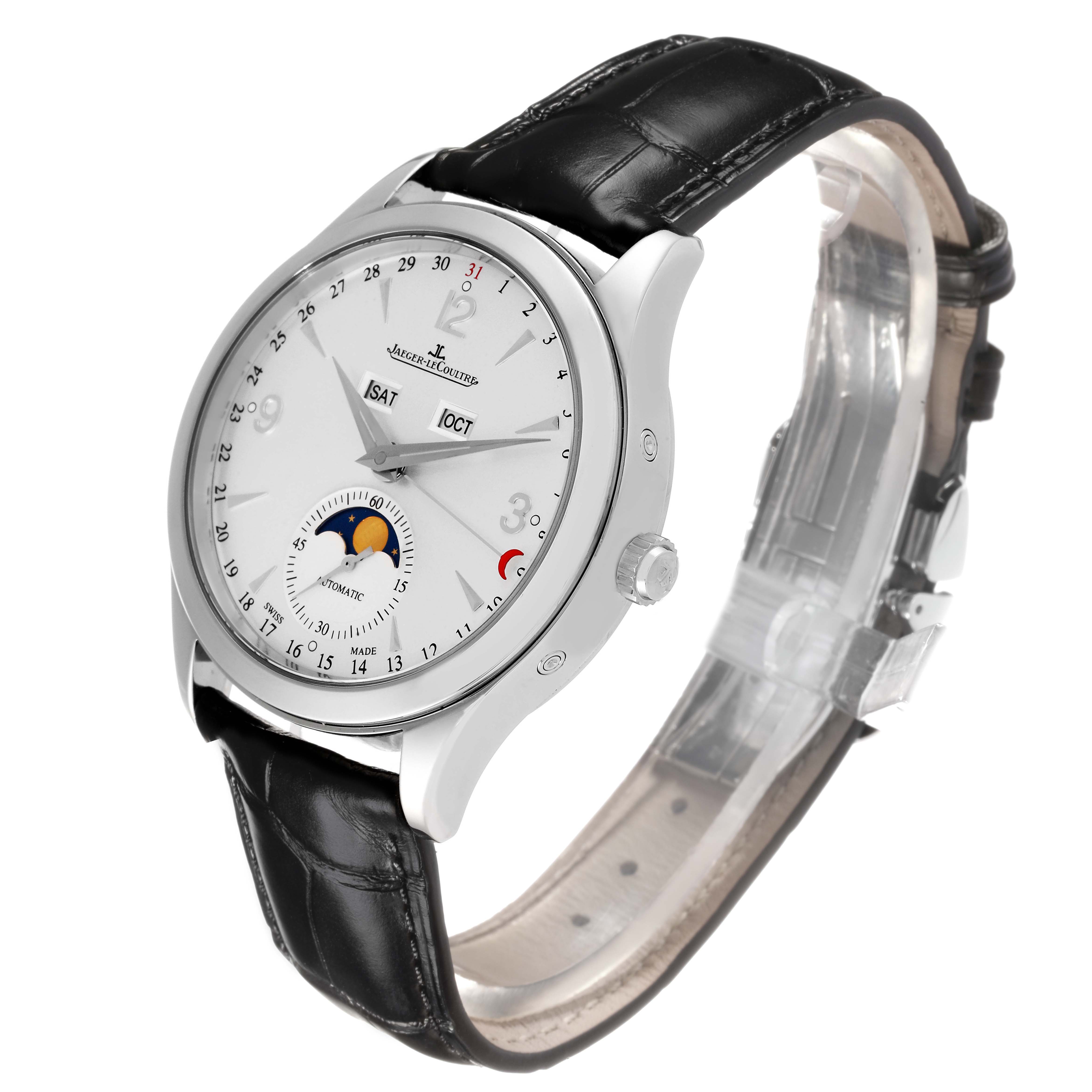 The Jaeger-LeCoultre Master model watch is shown at a three-quarter angle, highlighting its dial, moon phase, and leather strap.