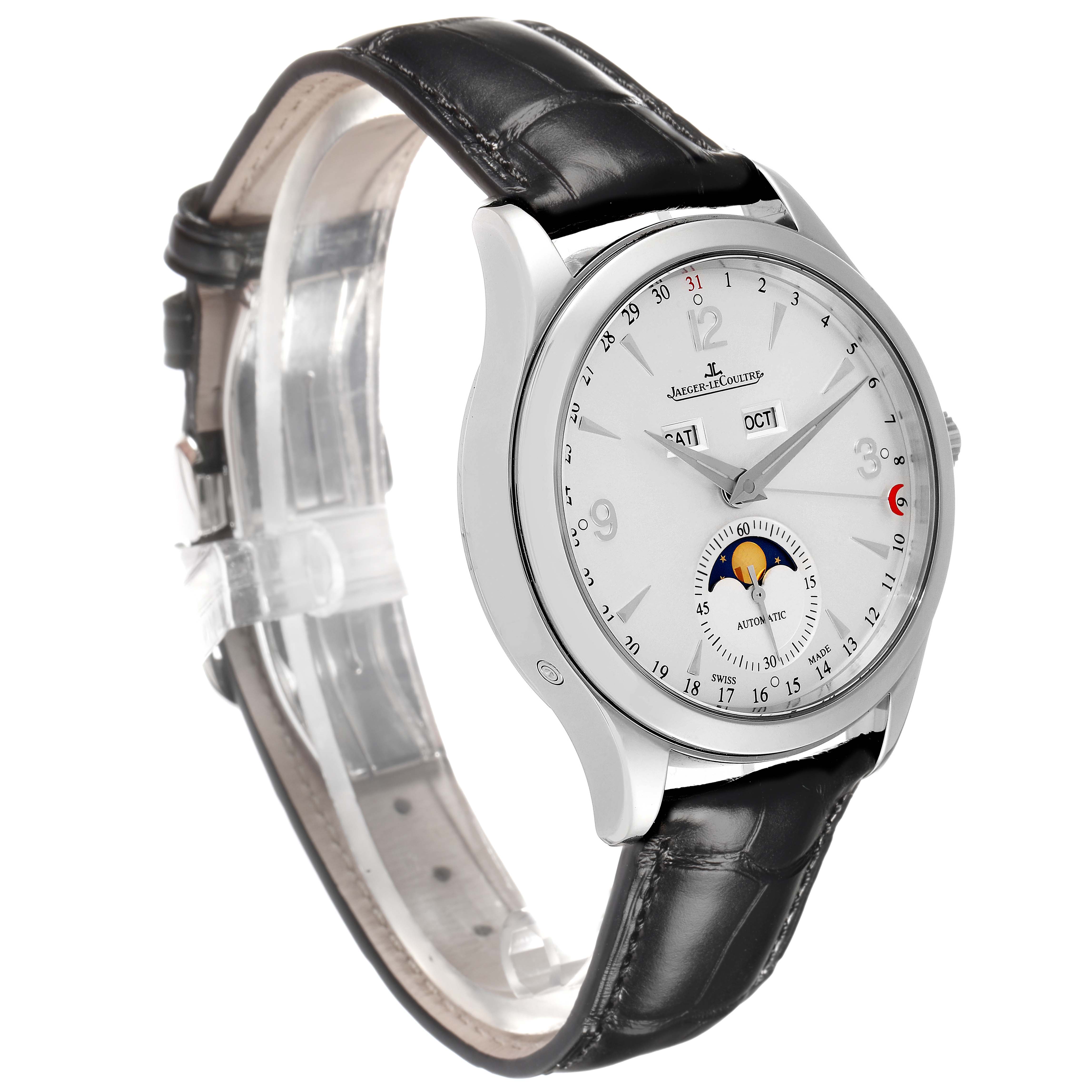 The Jaeger-LeCoultre Master model is shown at a front angle, displaying the dial, hands, and leather strap.