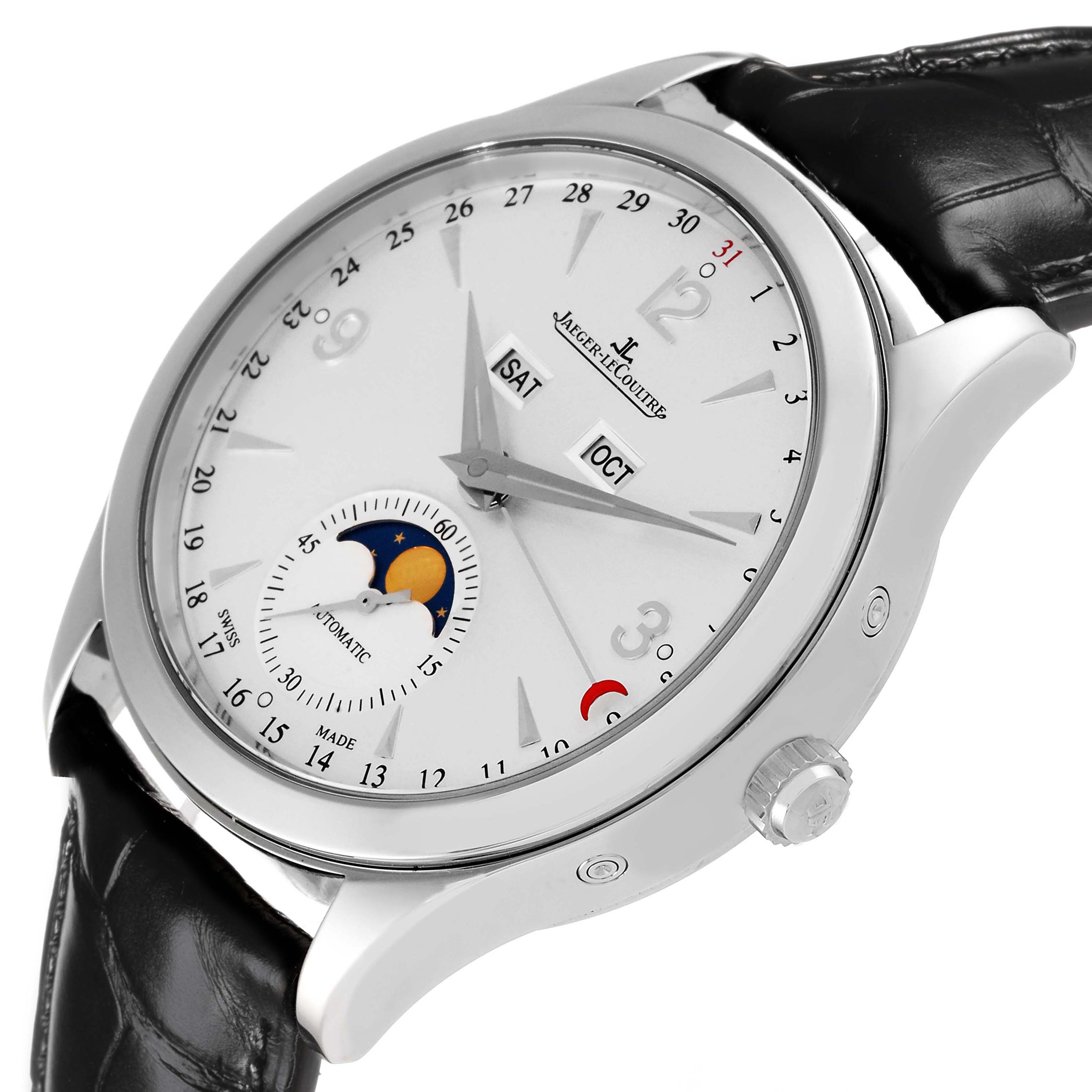 The Jaeger LeCoultre Master Q1558420 Men
s Stainless Steel Silver Dial model is shown at an angle highlighting the dial, moon phase, calendar windows, and crown.