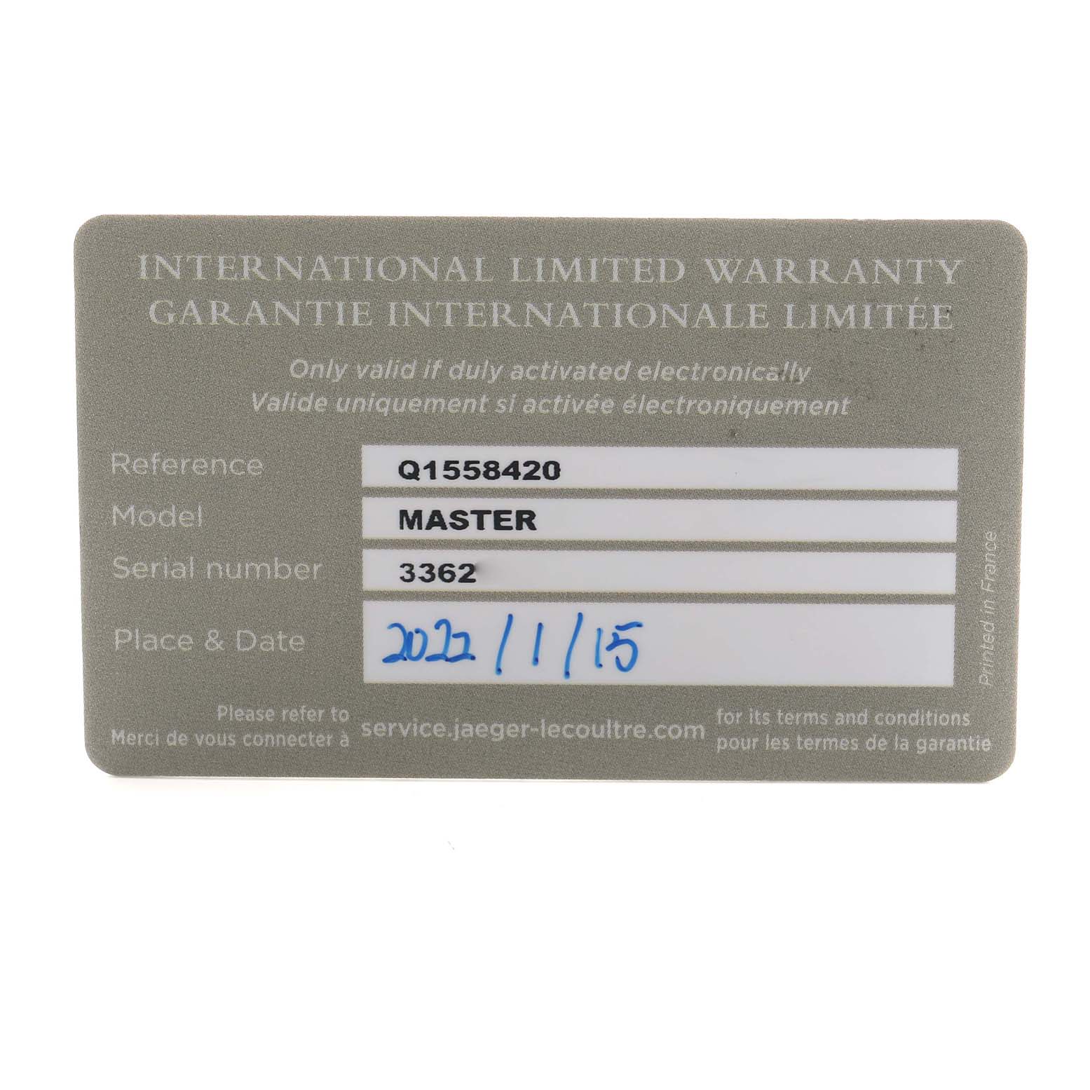 The image shows a warranty card for the Jaeger LeCoultre Master Q1558420 Men
s Stainless Steel Silver Dial model, featuring reference and serial numbers.