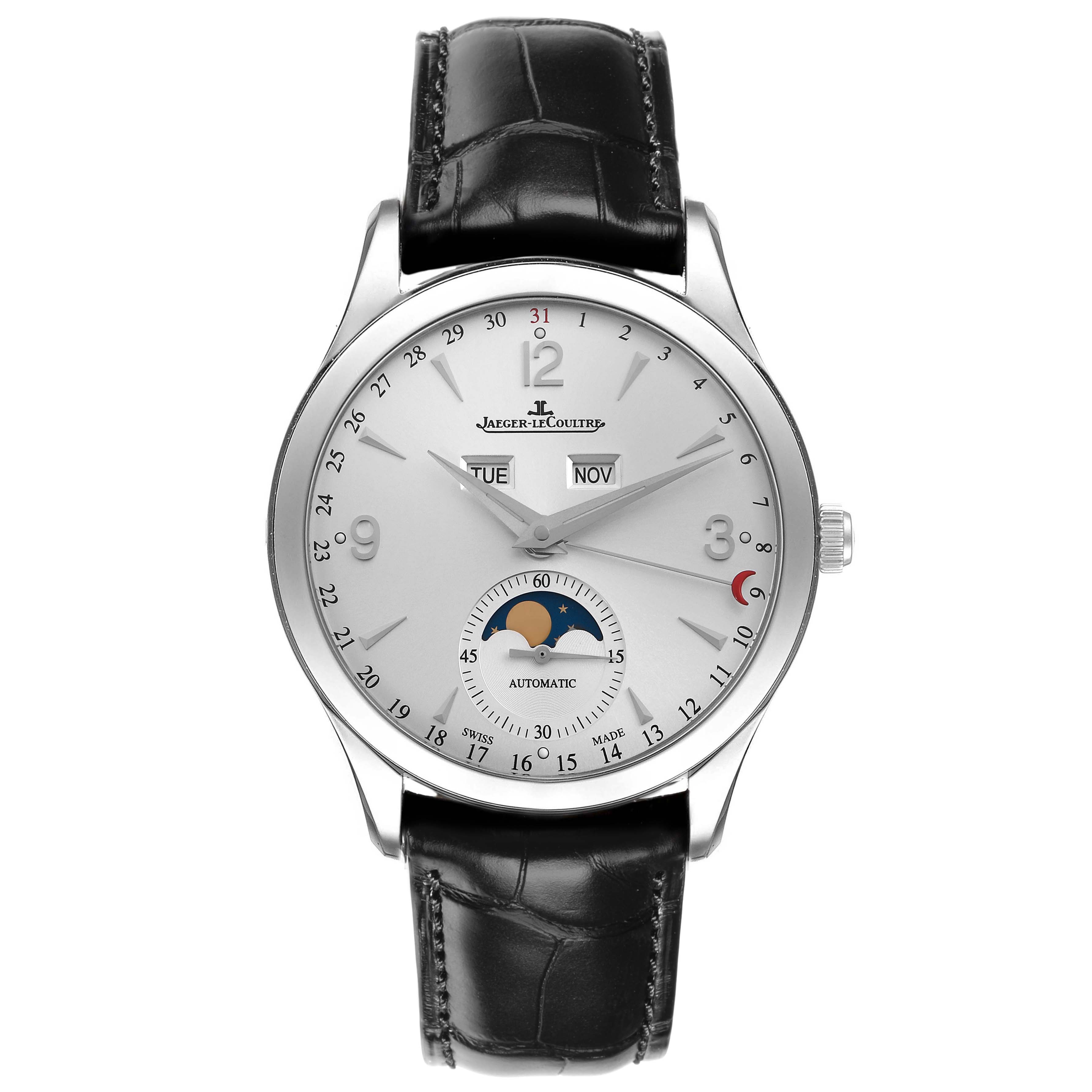 The Jaeger LeCoultre Master Q1558420 Men
s Stainless Steel Silver Dial watch is shown from a front angle, displaying the face, hands, moon phase, and leather strap.