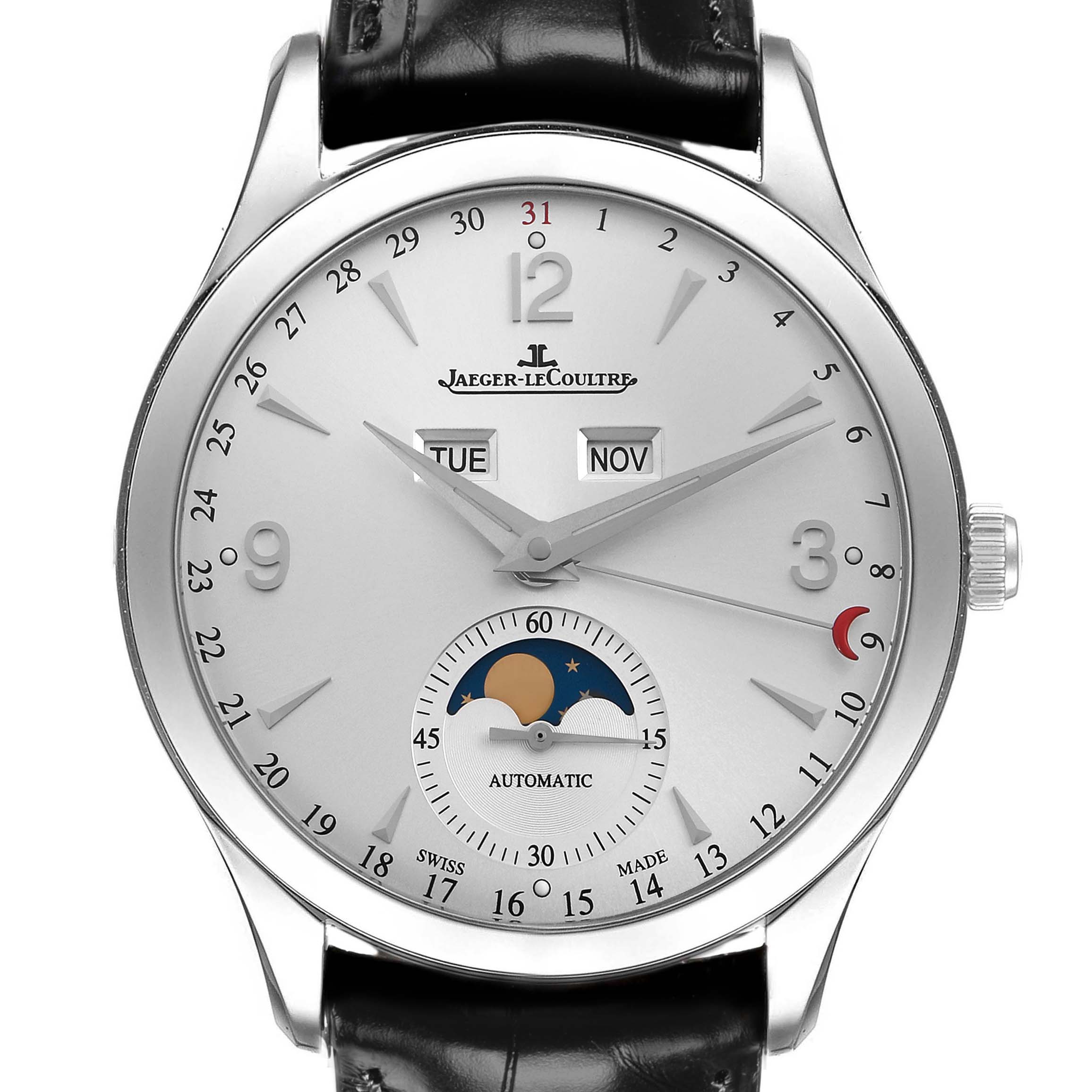 The Jaeger-LeCoultre Master model is shown from the front, highlighting its dial, hands, date indicator, and moon phase subdial.