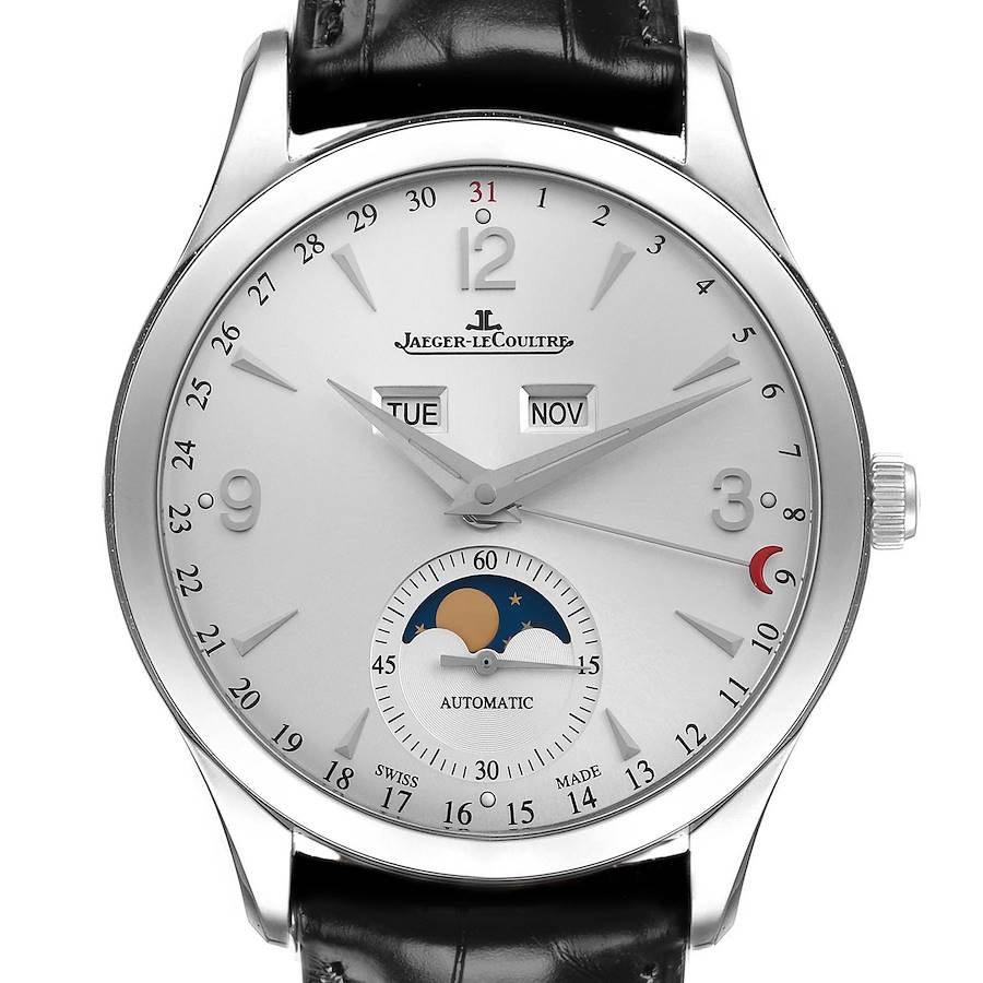 The Jaeger-LeCoultre Master model is shown from the front, highlighting its dial, hands, date indicator, and moon phase subdial.