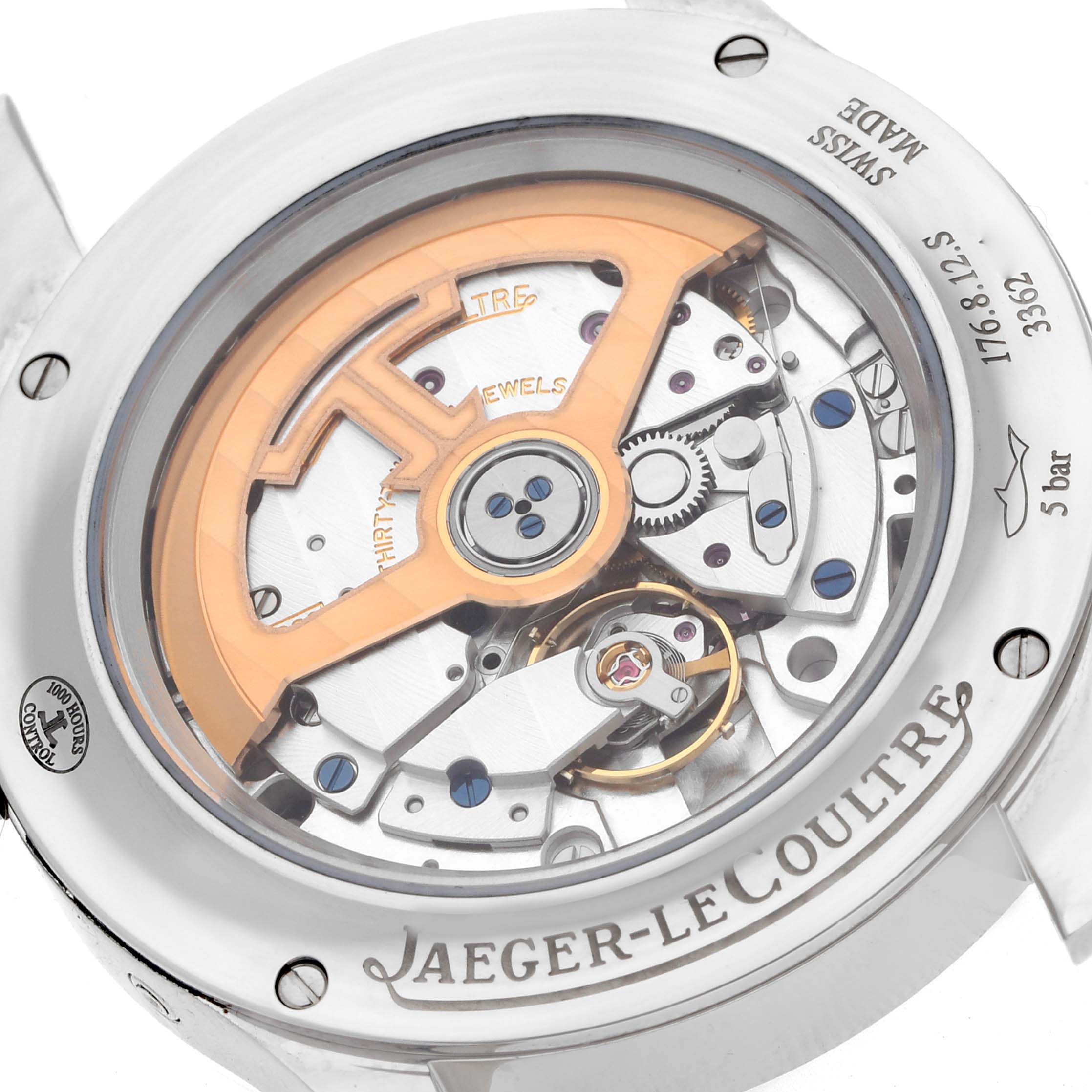 The image shows the back view of the Jaeger LeCoultre Master Q1558420 Men
s Stainless Steel Silver Dial model, highlighting the movement and rotor components.
