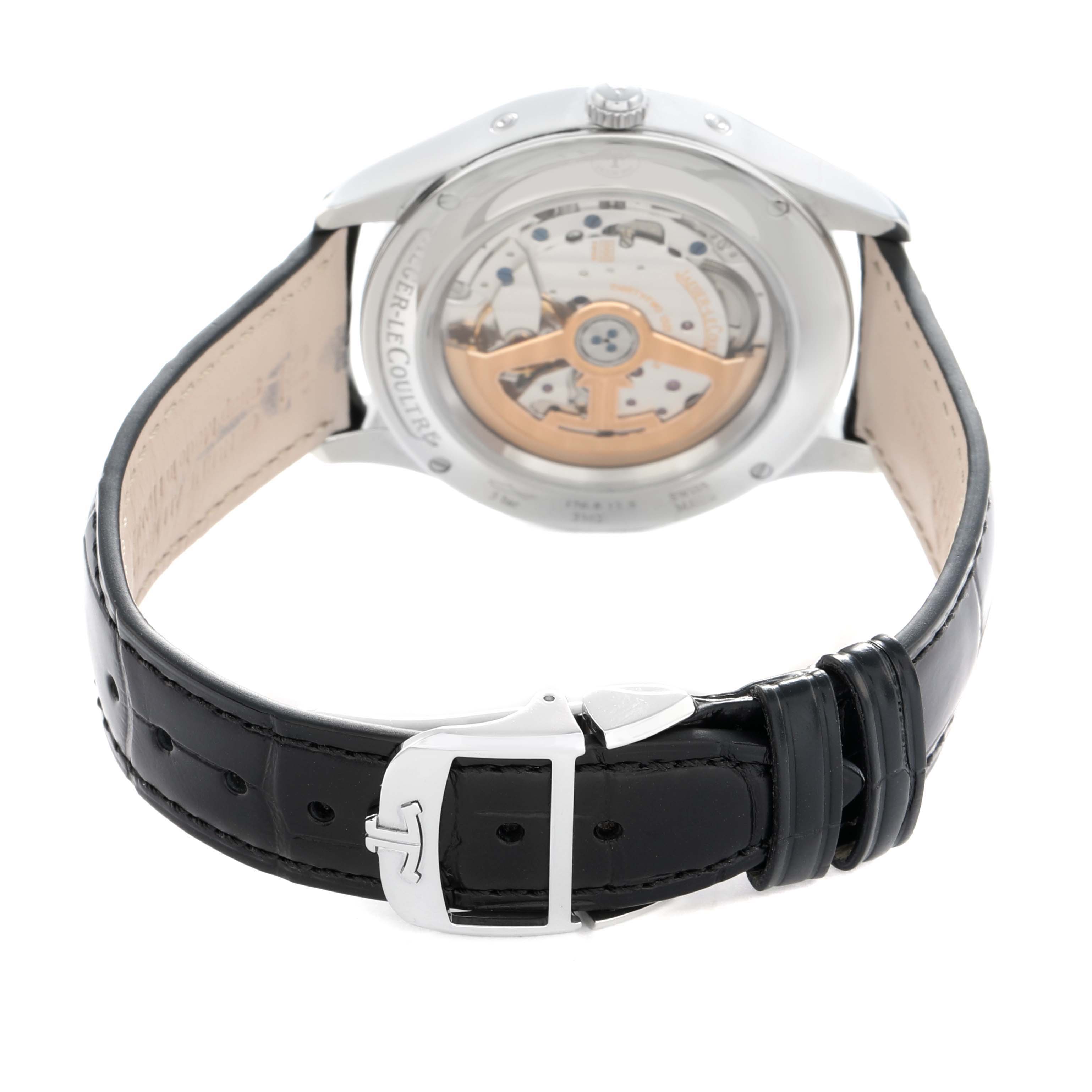 The image shows the back view of the Jaeger LeCoultre Master Q1558420 Men
s Stainless Steel Silver Dial watch, highlighting the movement and clasp of the leather strap.