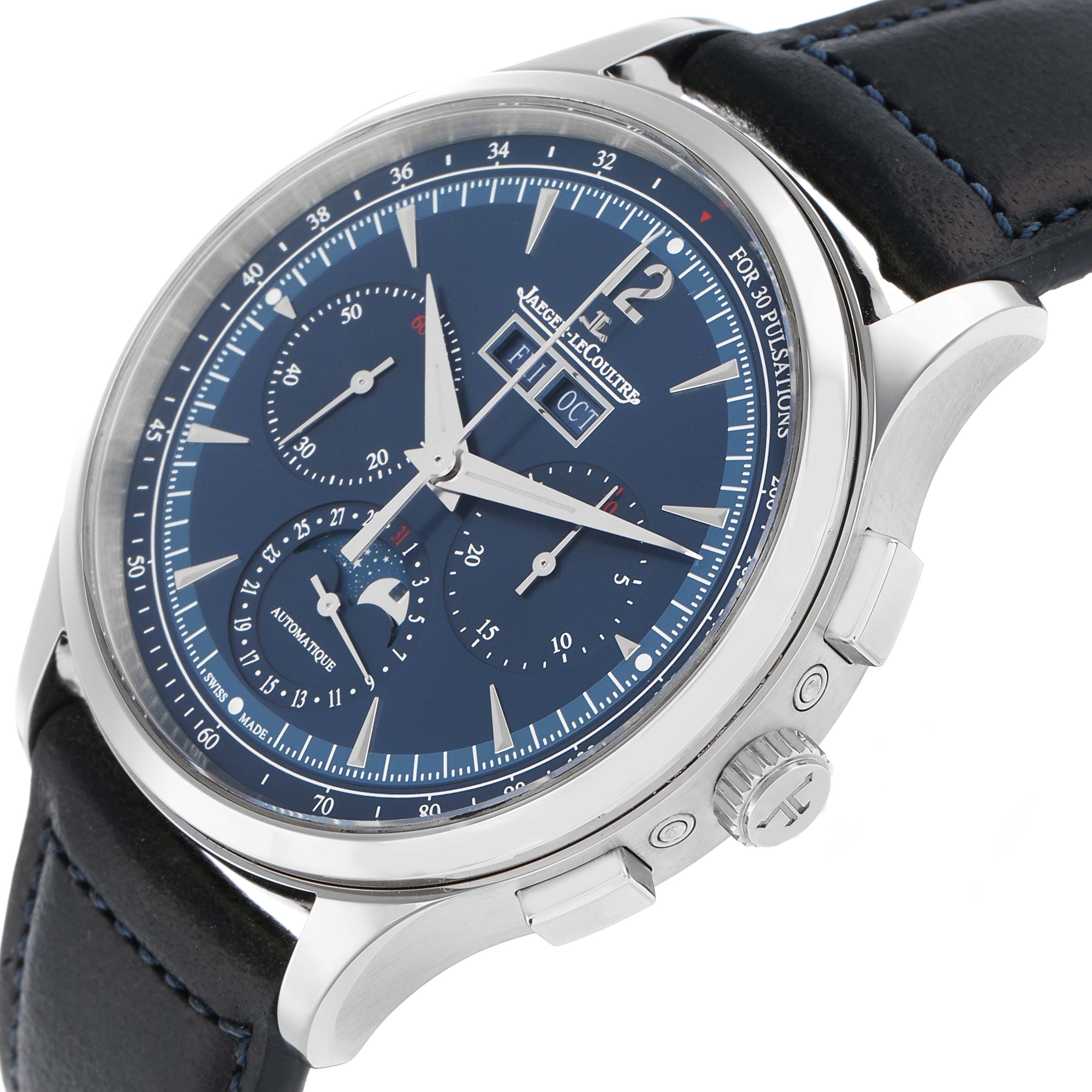 The image shows a Jaeger LeCoultre Master Q4138480 Men
s Stainless Steel Blue Dial watch at a slight angle, highlighting its blue dial, subdials, crown, and pushers.