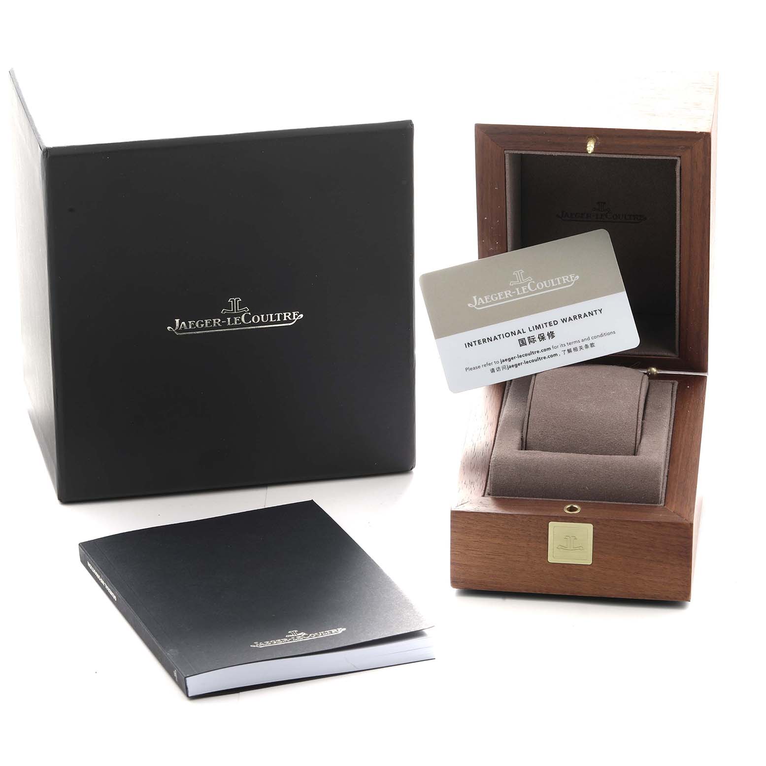 The image shows the packaging for a Jaeger LeCoultre Master Q4138480 Men
s Stainless Steel Blue Dial model, including the box, display case, warranty card, and booklet.