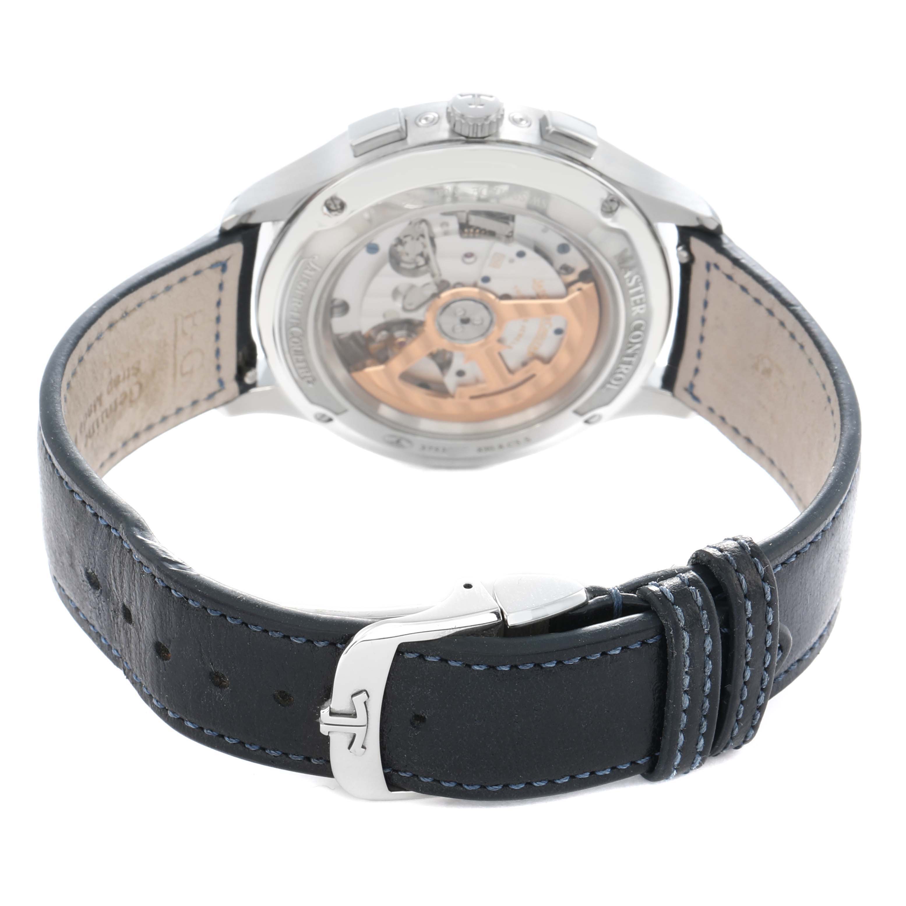 The Jaeger LeCoultre Master Q4138480 Men
s Stainless Steel Blue Dial watch is shown from the back, displaying the automatic movement and leather strap.
