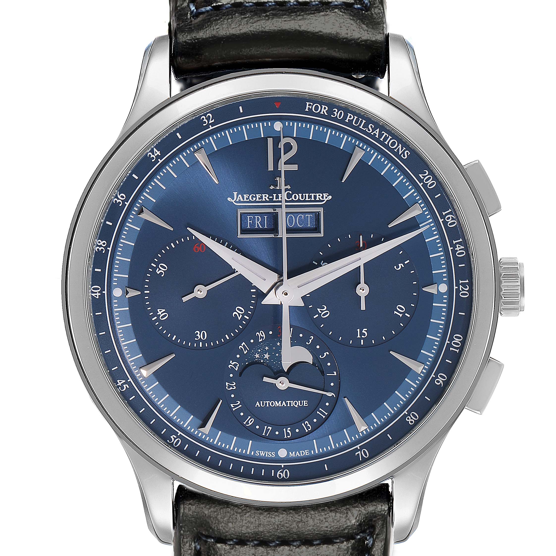 The Jaeger-LeCoultre Master watch is shown from a front angle, displaying the dial, subdials, and part of the leather strap.
