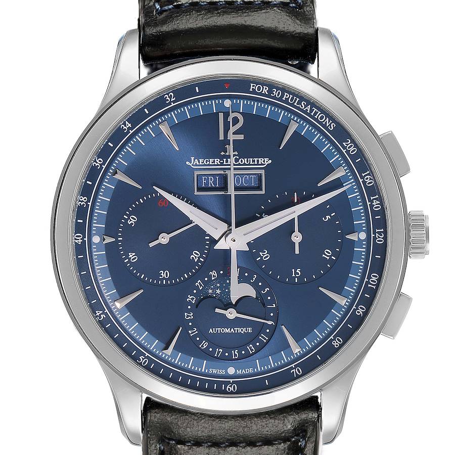 The Jaeger-LeCoultre Master watch is shown from a front angle, displaying the dial, subdials, and part of the leather strap.