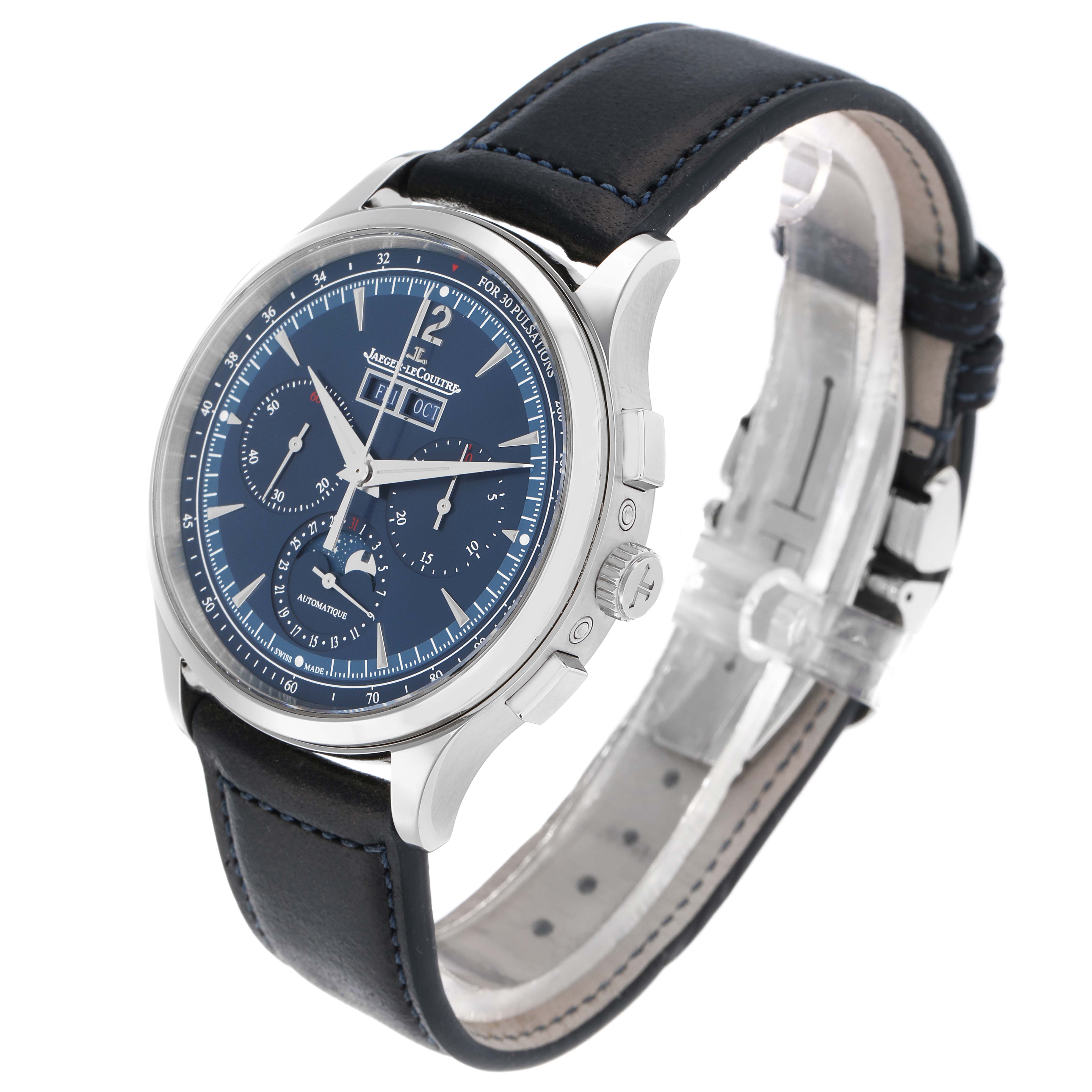 The Jaeger-LeCoultre Master watch is shown at a three-quarter angle, displaying the dial, case, crown, and strap.