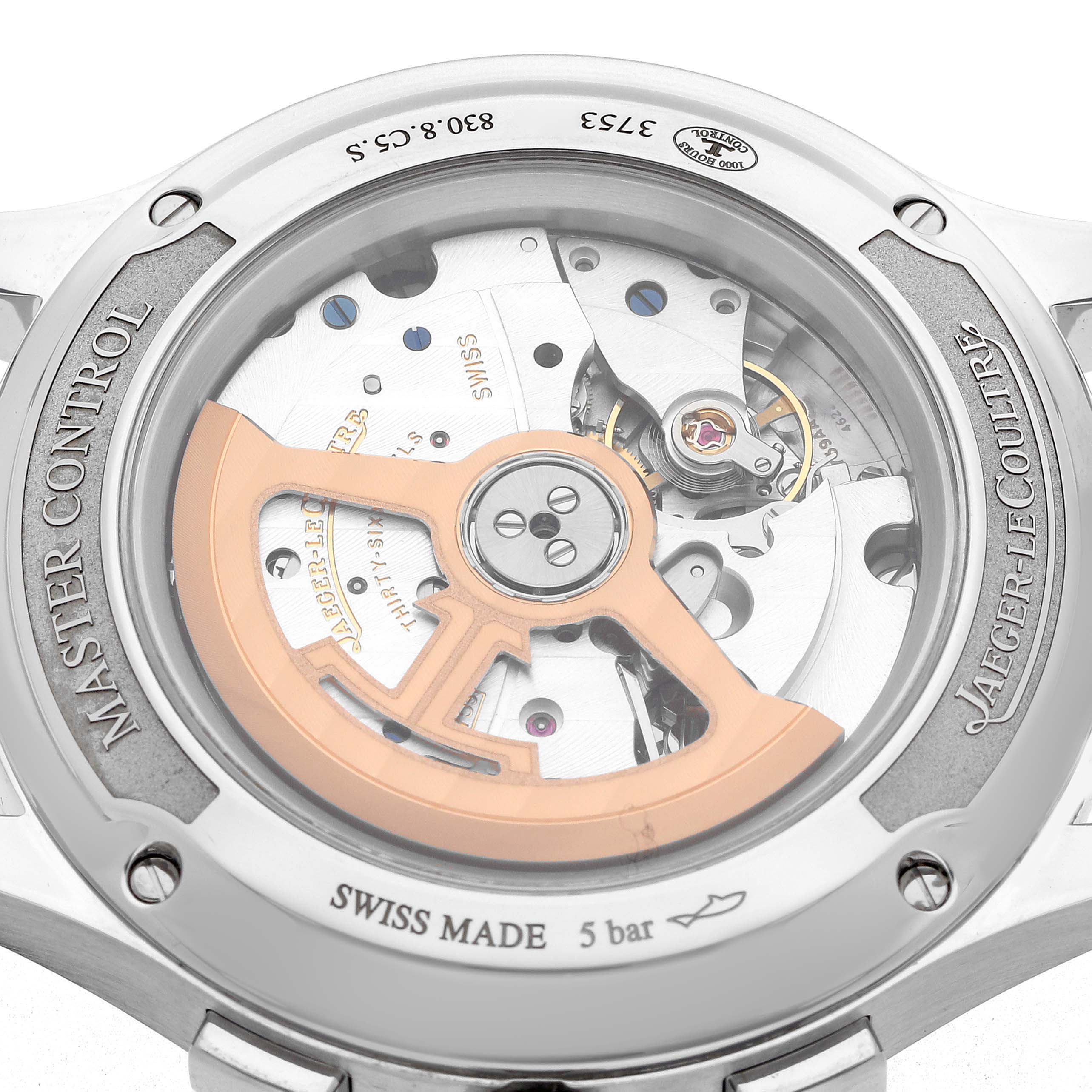 The image shows the open case back of a Jaeger-LeCoultre Master model, highlighting the movement and rotor.
