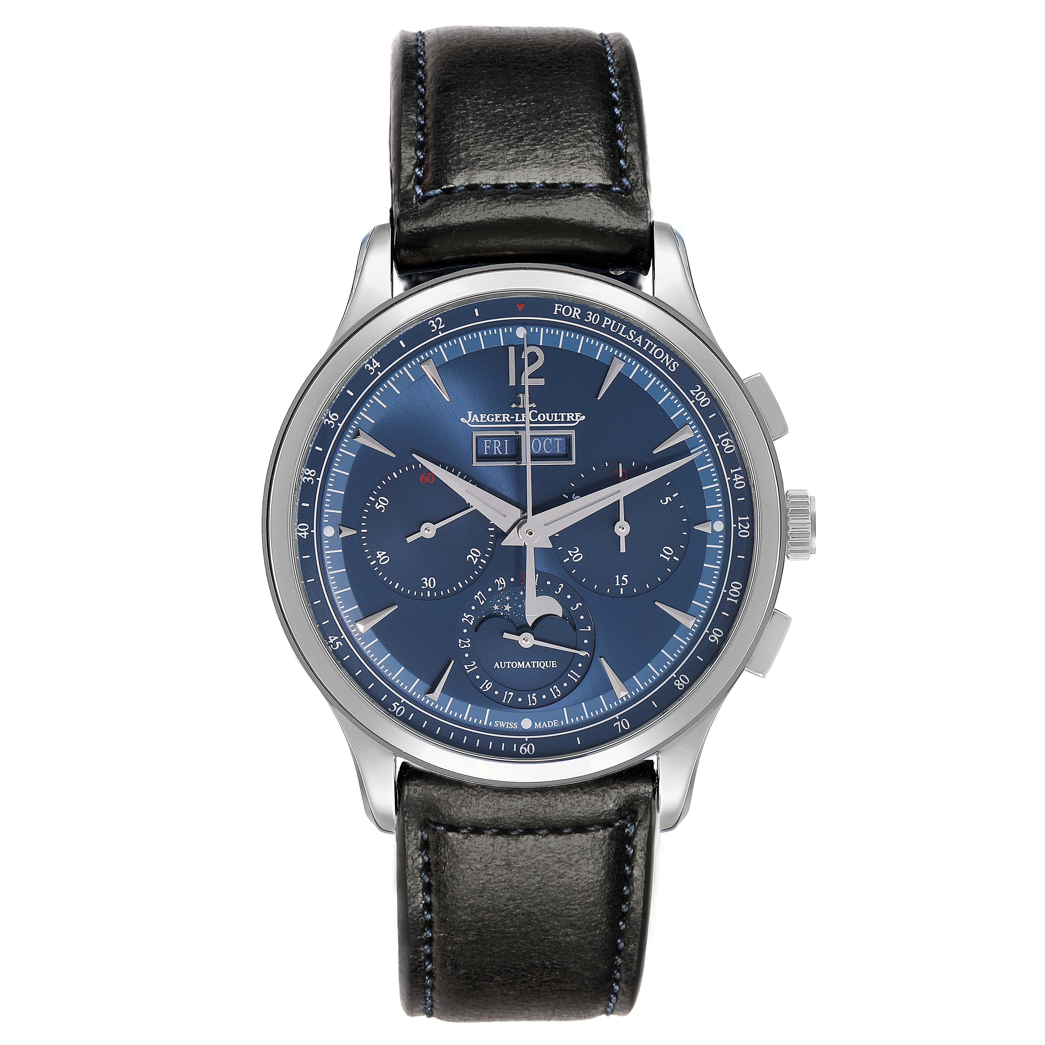 The Jaeger LeCoultre Master Q4138480 Men
s Stainless Steel Blue Dial watch is shown vertically, displaying the dial, hands, subdials, date, and leather strap.
