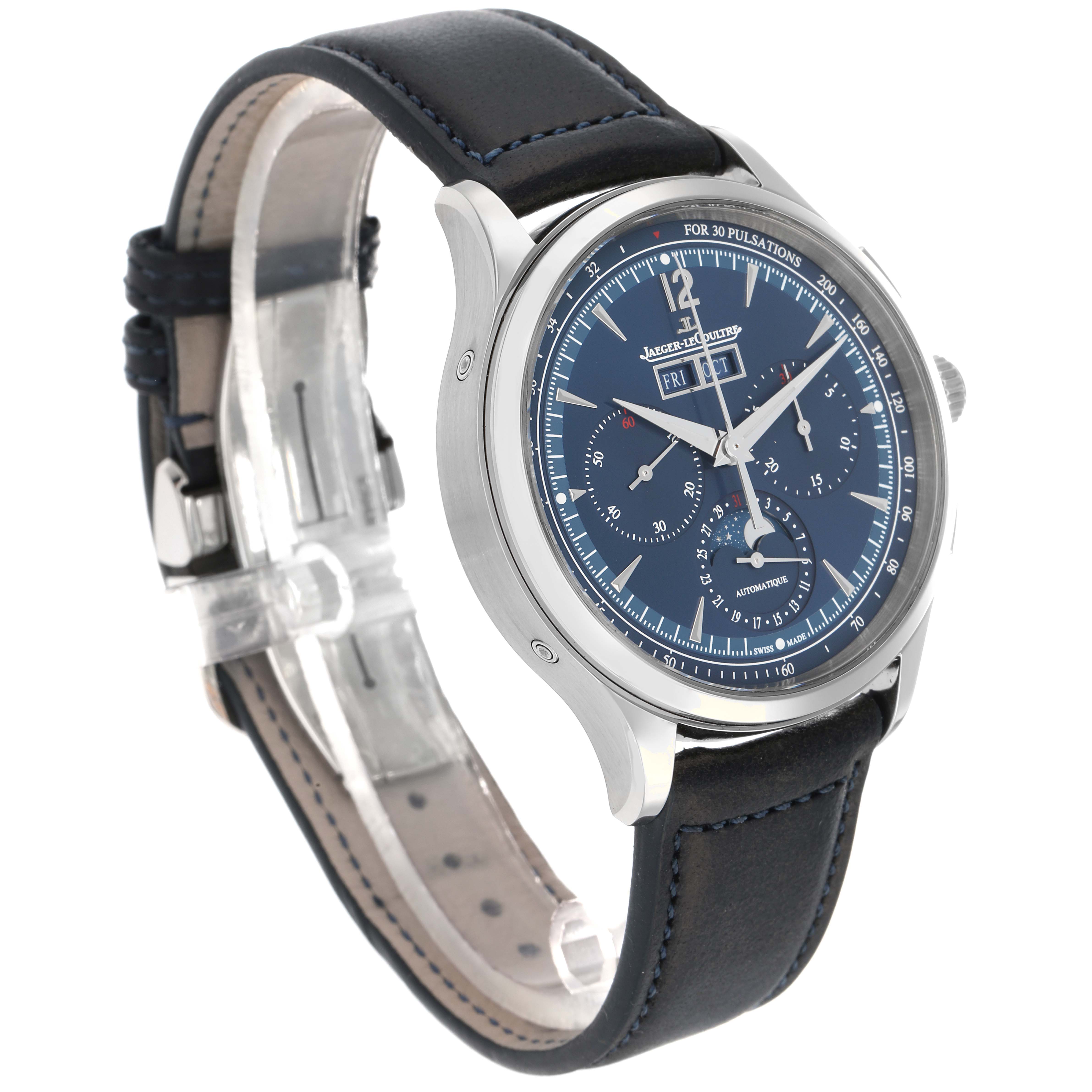 The Jaeger-LeCoultre Master watch is shown at a three-quarter angle, highlighting the blue dial and black leather strap.