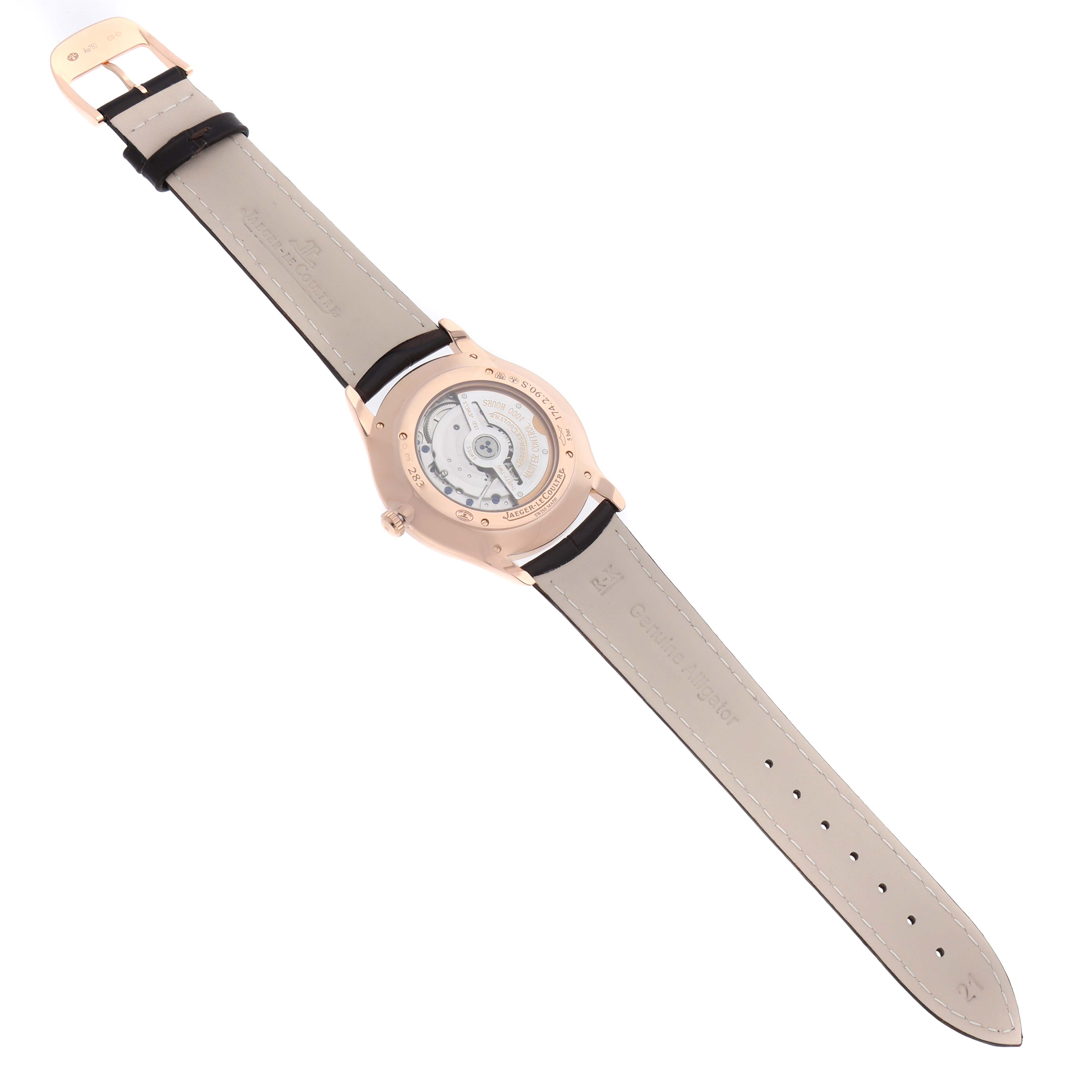 The image shows the back view of the Jaeger-LeCoultre Master model watch, highlighting the strap and open case back.
