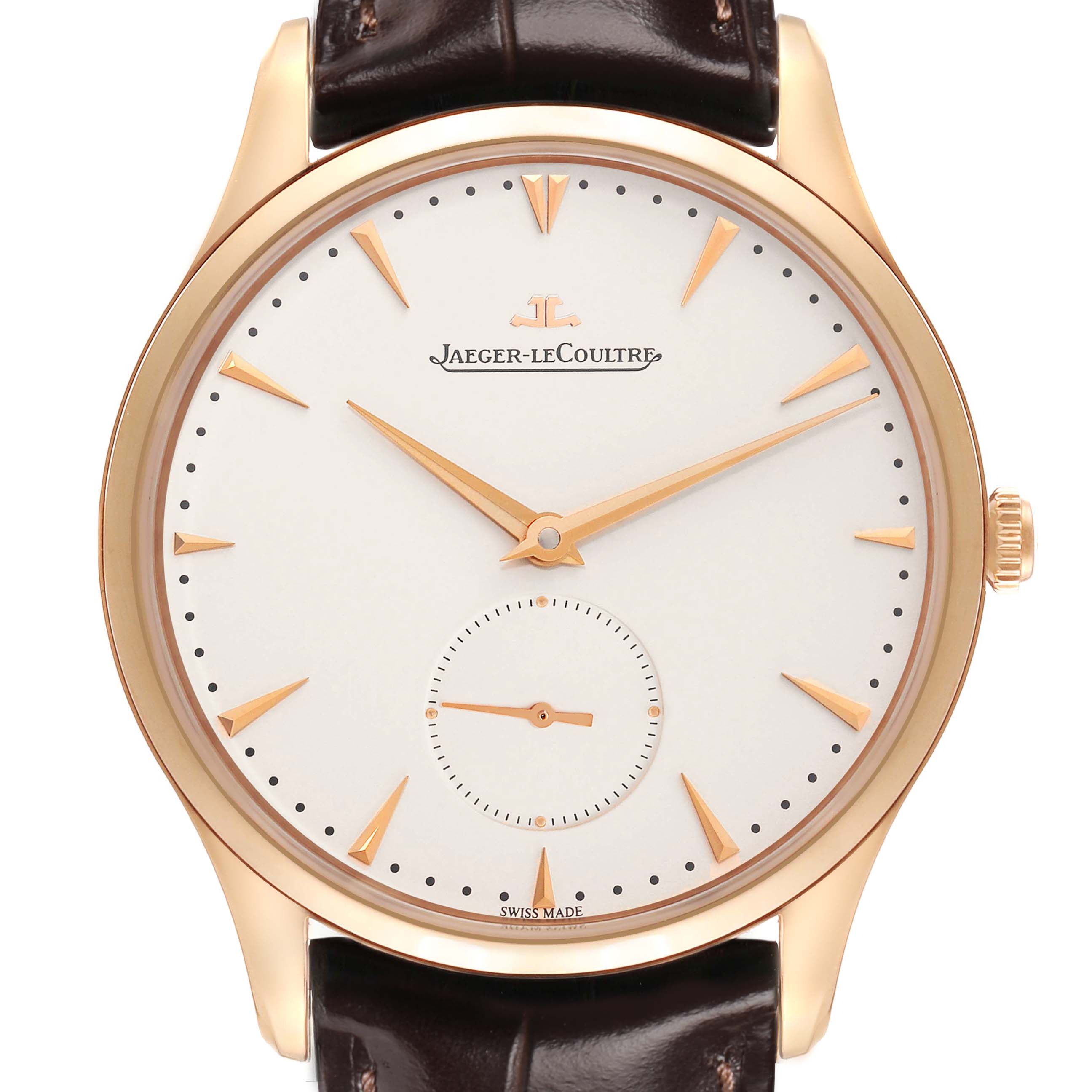 The Jaeger-LeCoultre Master watch is shown from the front, displaying its face, hands, markers, and part of the strap.