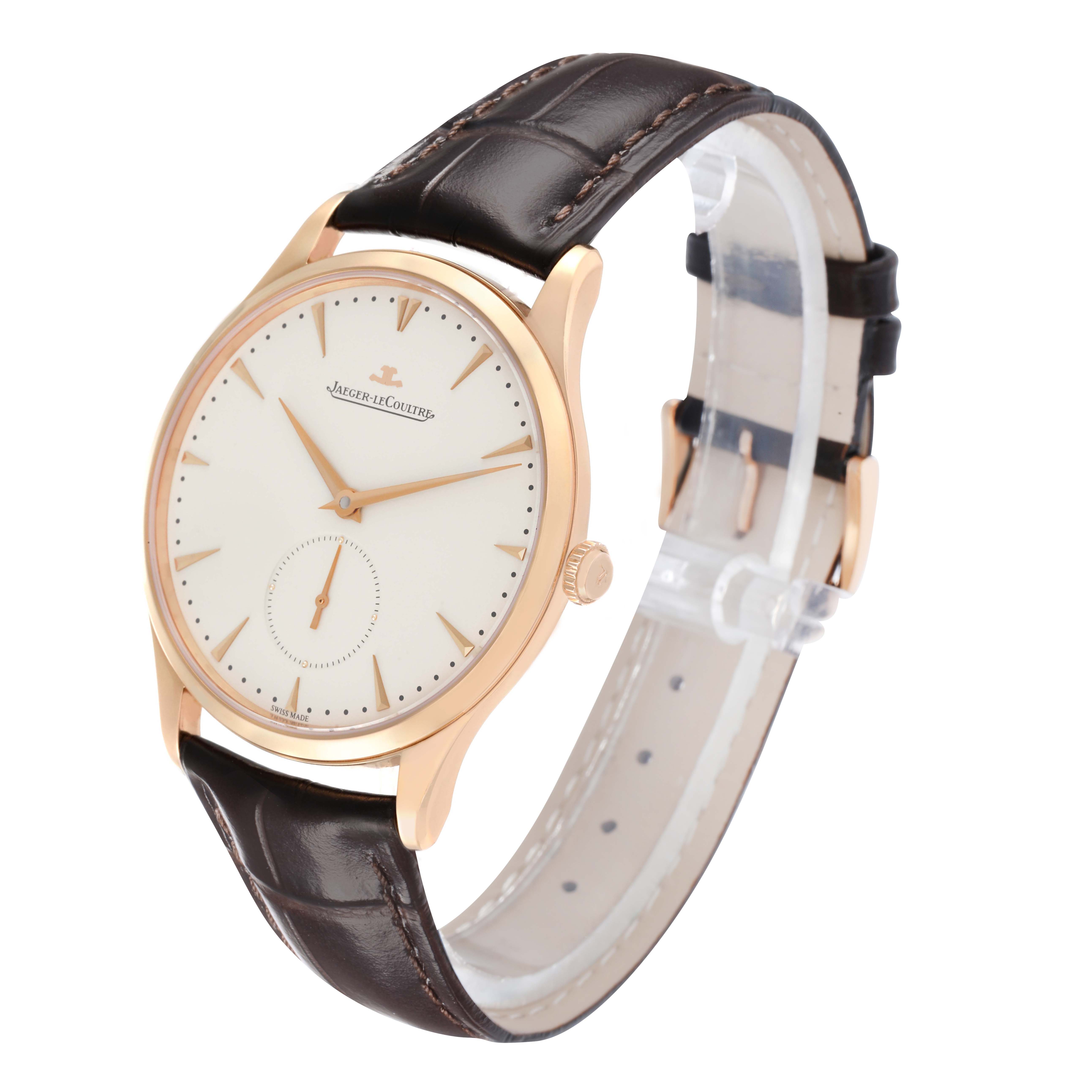 The Jaeger-LeCoultre Master watch is shown at a three-quarter angle, displaying the face, case, crown, and leather strap.