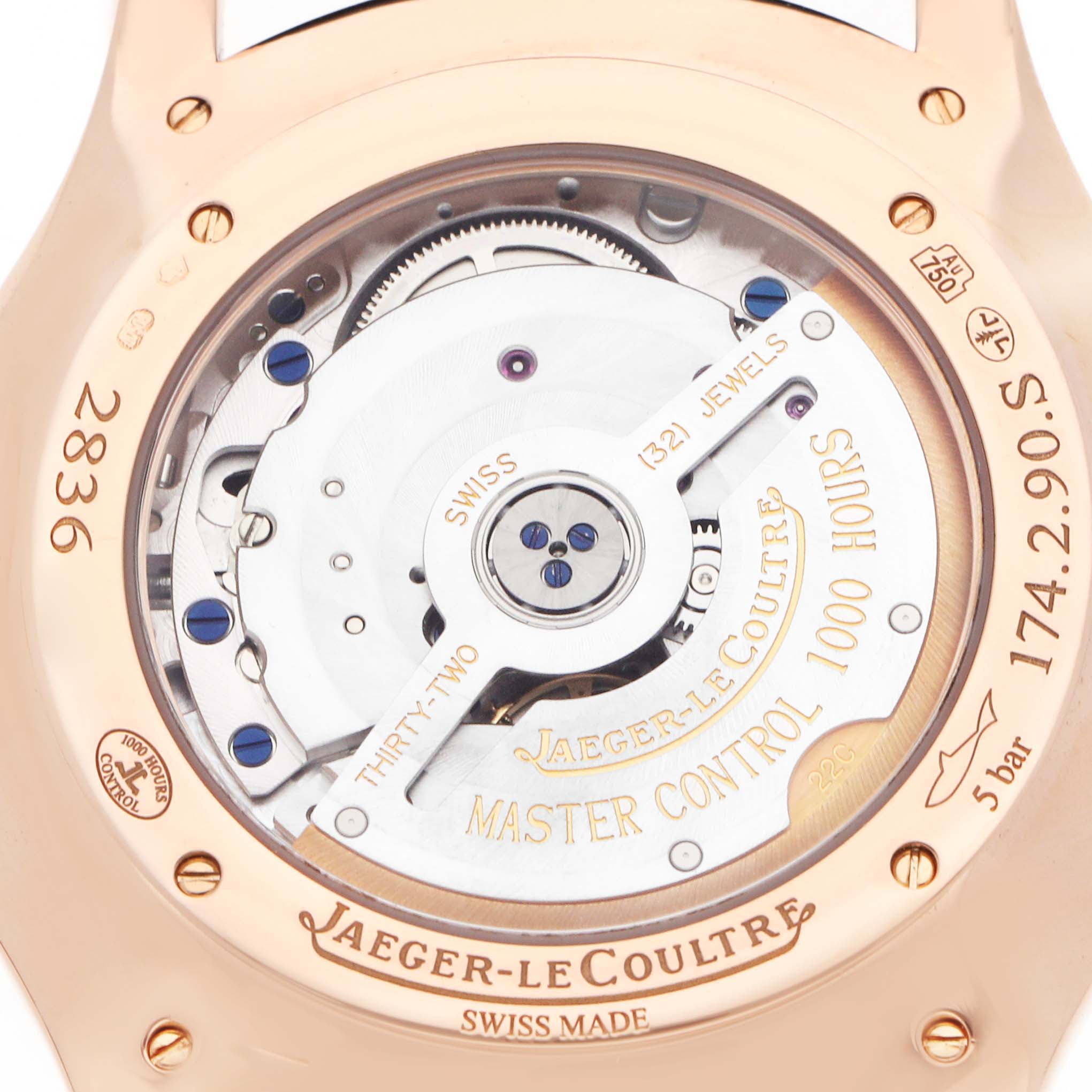 The image shows the Jaeger-LeCoultre Master model from a rear angle, highlighting its movement and case back.