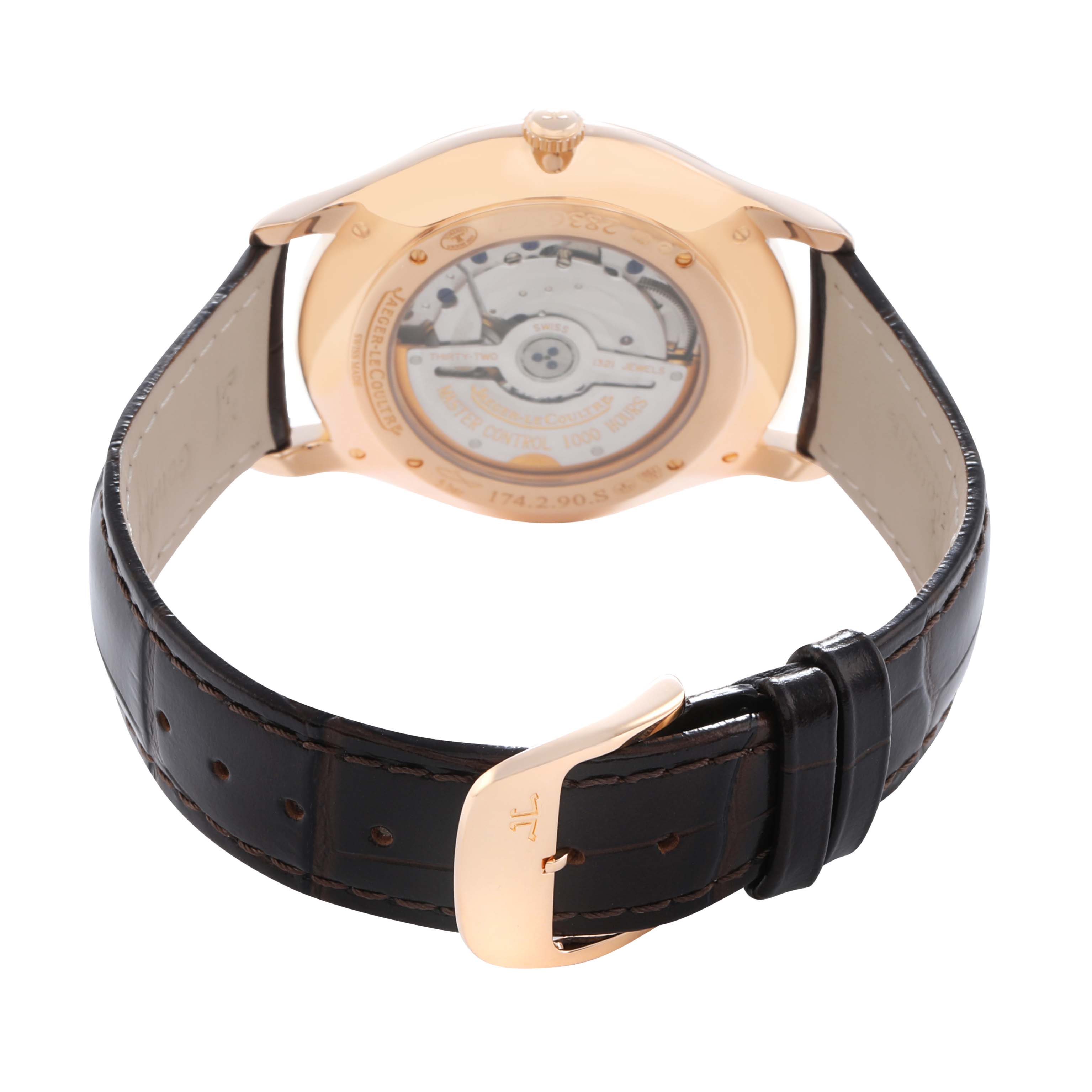 The Jaeger LeCoultre Master Q1352520 Men
s Rose Gold Beige Dial model is shown from the rear, highlighting the case back and movement, with a prominent strap and clasp.
