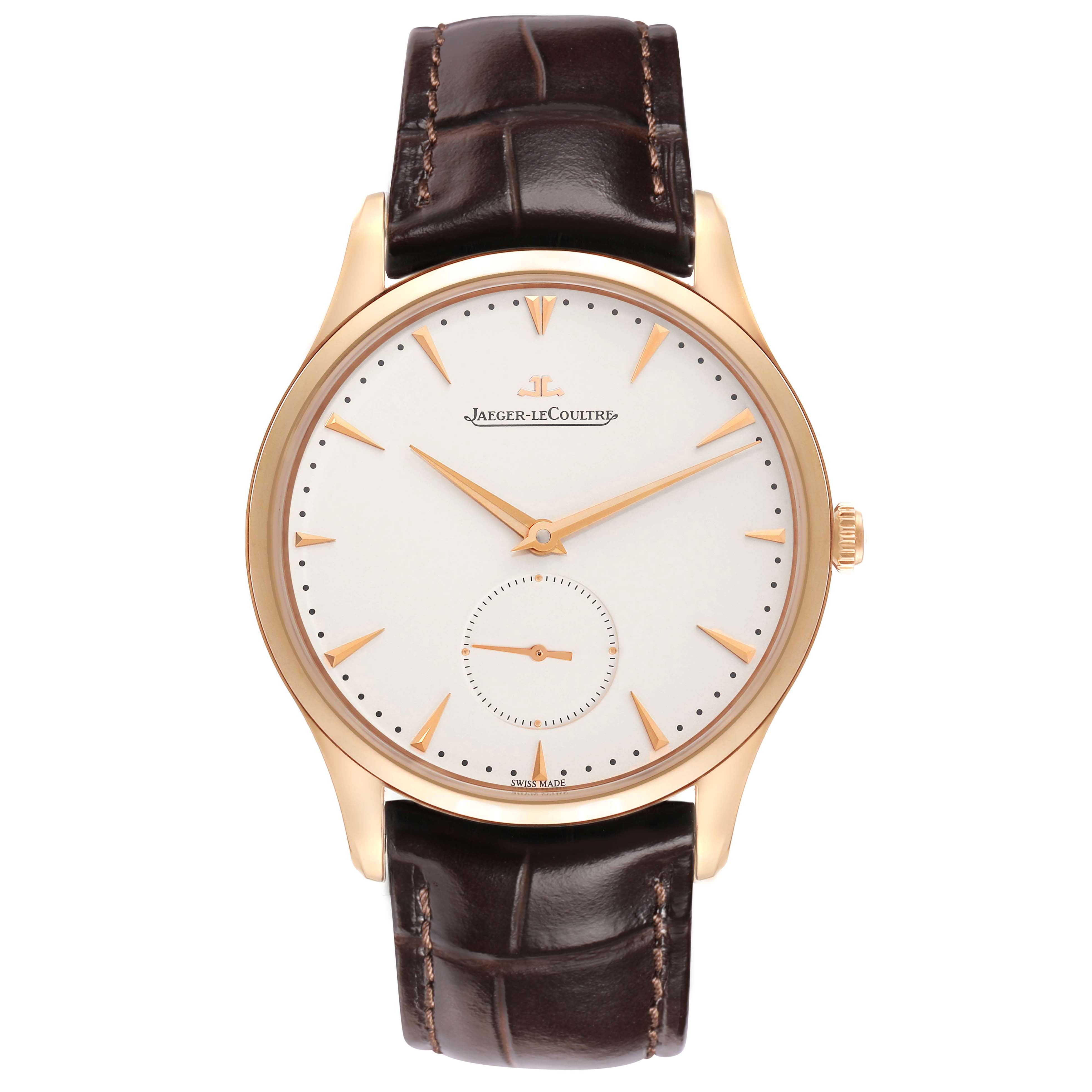 The Jaeger-LeCoultre Master watch is shown from the front, highlighting its gold case, white dial, and brown leather strap.