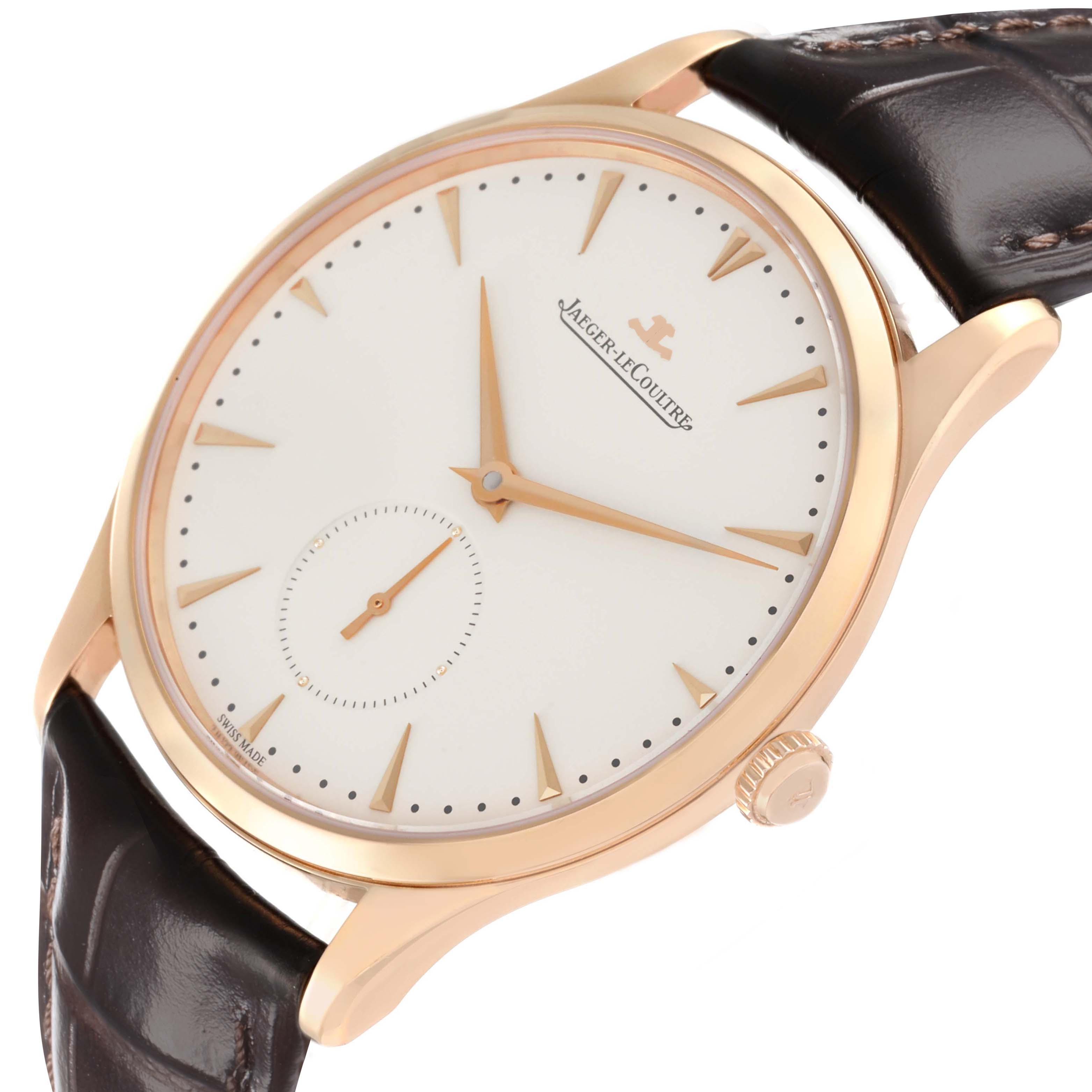 The Jaeger LeCoultre Master Q1352520 Men
s Rose Gold Beige Dial watch is shown at an angled side view, displaying the dial, hands, case, crown, and leather strap.