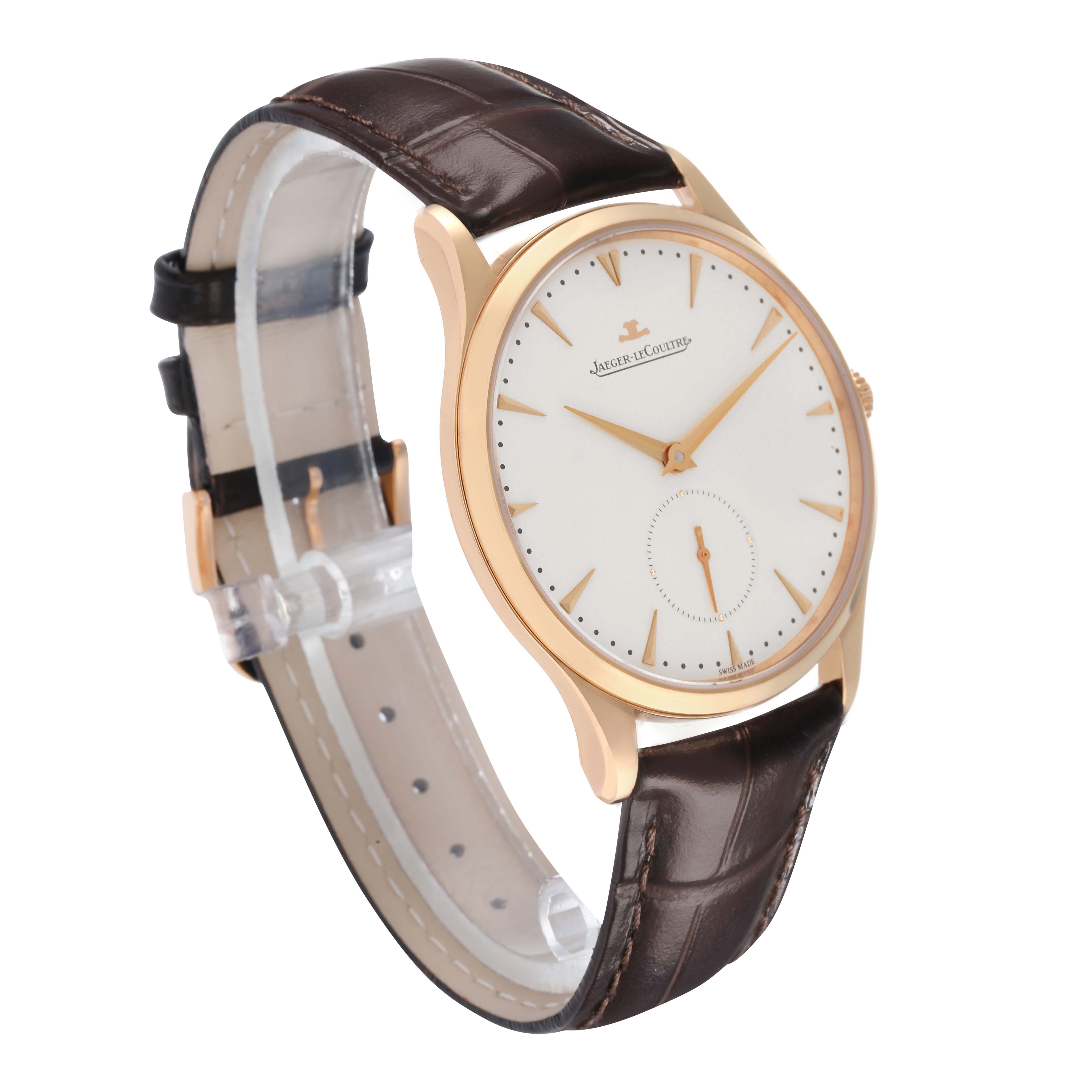 The Jaeger LeCoultre Master Q1352520 Men
s Rose Gold Beige Dial watch is shown at a slight angle, highlighting the gold case, white dial, and brown leather strap.