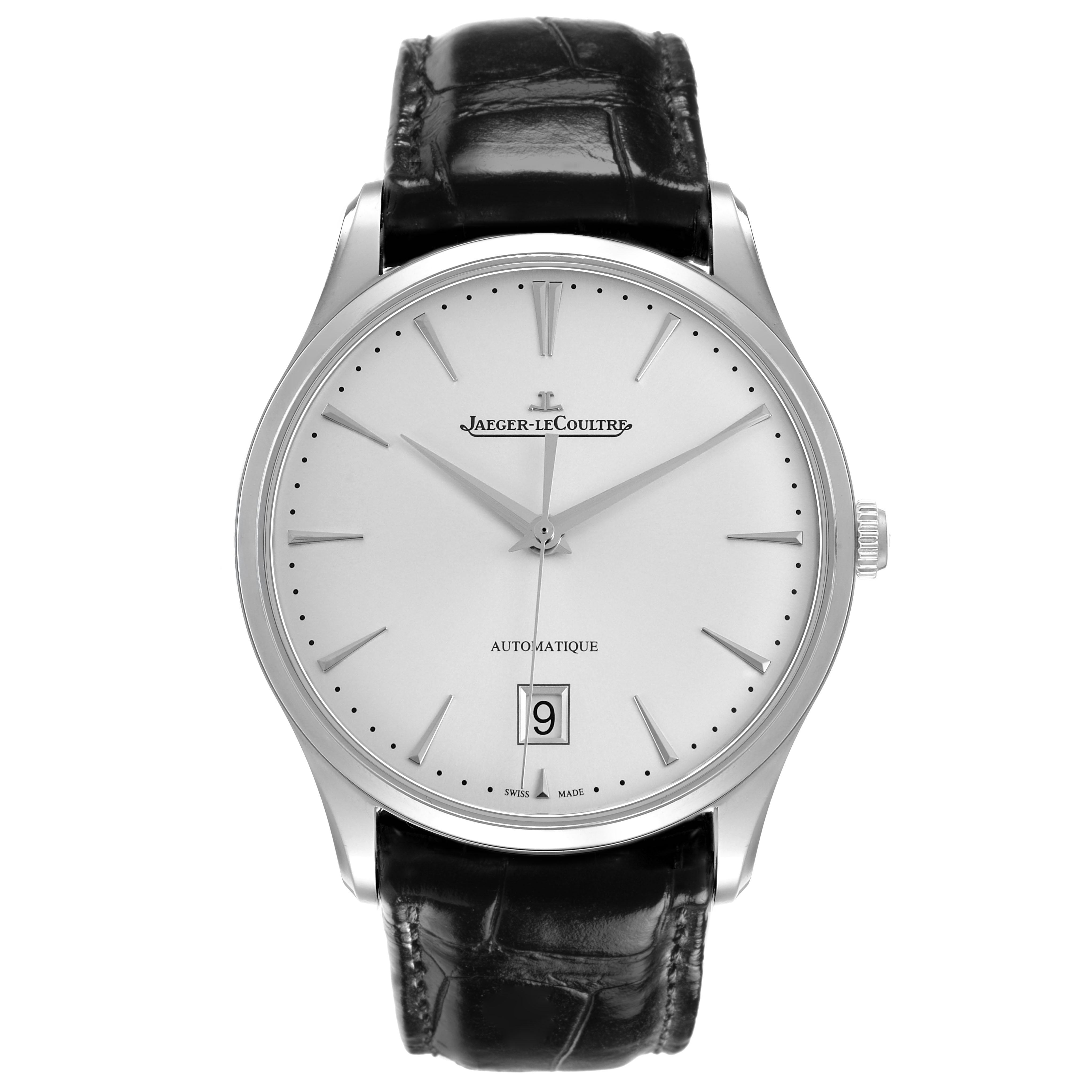 The Jaeger LeCoultre Master Q1238420 Men's Stainless Steel Silver Dial watch is shown from the front, displaying the dial, hands, date window, and leather strap.