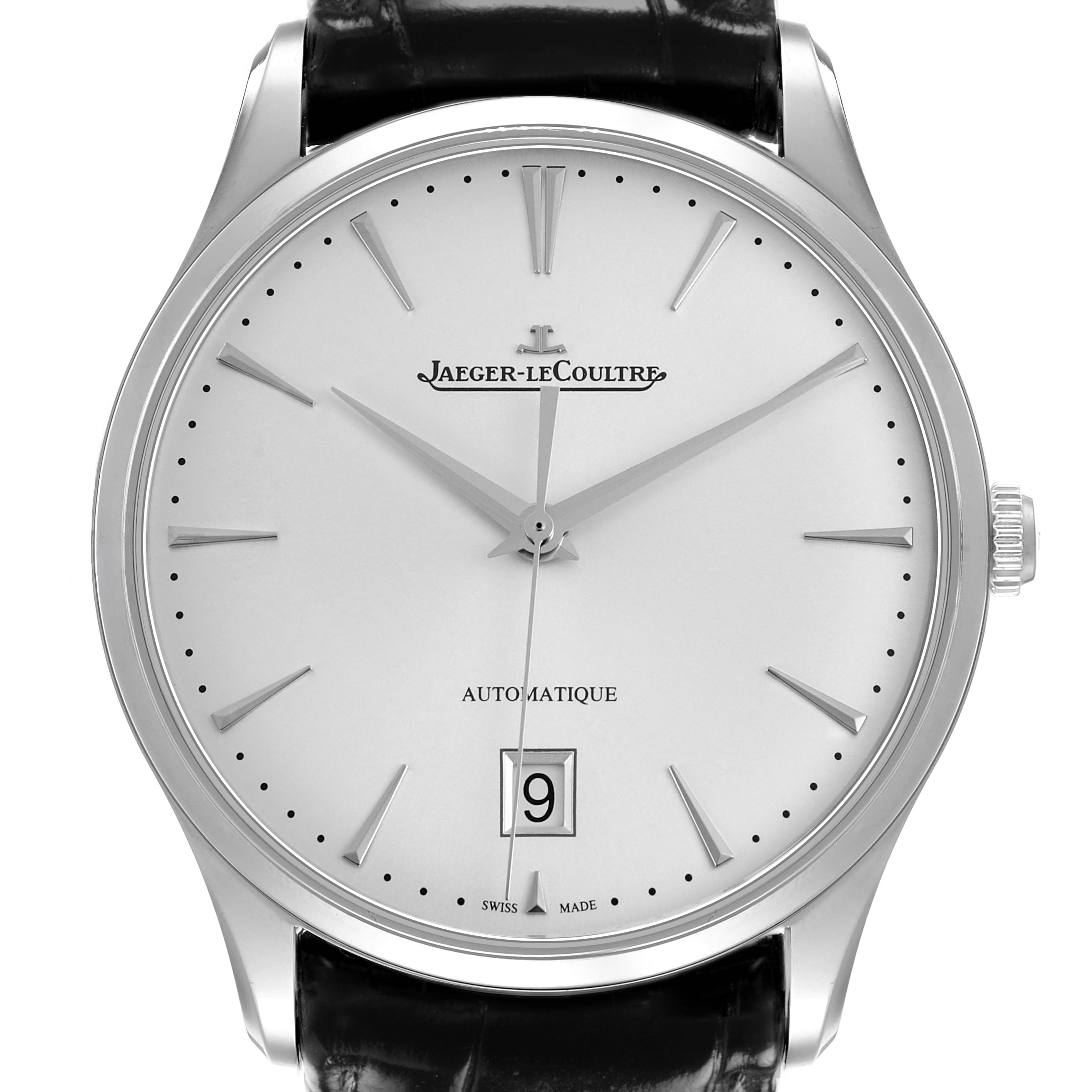 The Jaeger-LeCoultre Master watch is shown from the front, displaying the dial, indices, hands, and date window.