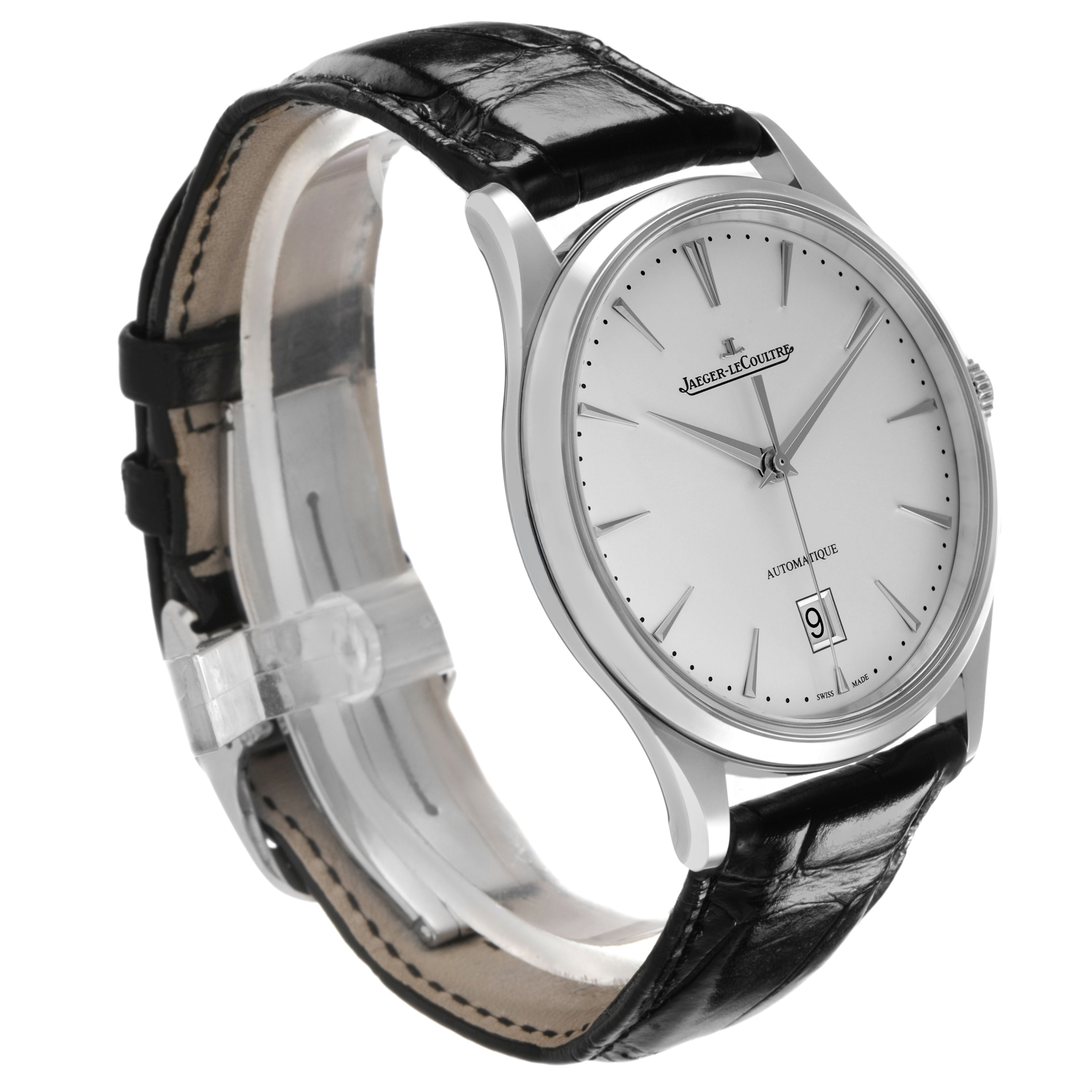 The Jaeger LeCoultre Master Q1238420 Men's Stainless Steel Silver Dial model is shown at a front-side angle, highlighting the dial, case, and black leather strap.