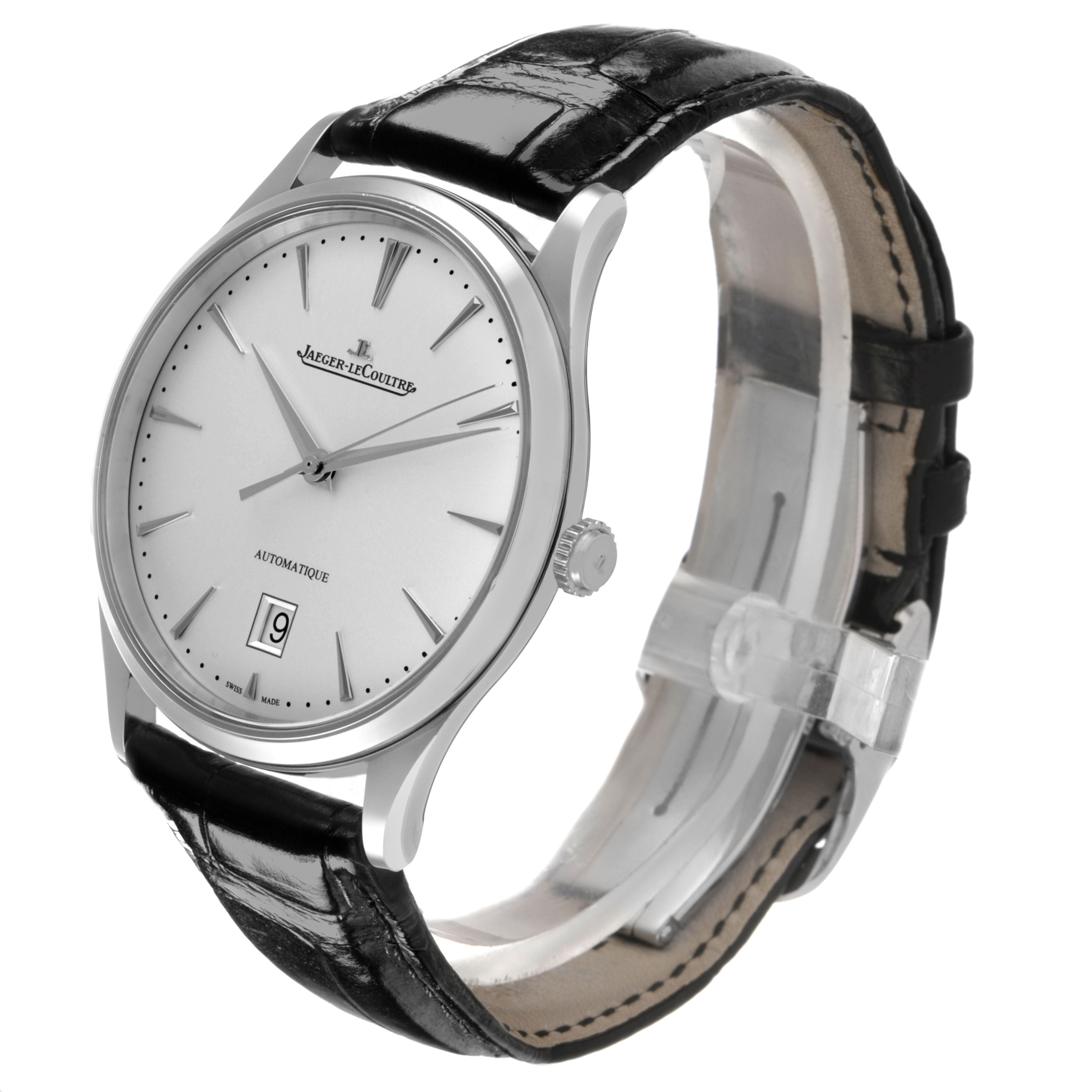The Jaeger-LeCoultre Master watch is shown at a three-quarter angle, highlighting the dial, crown, and black leather strap.