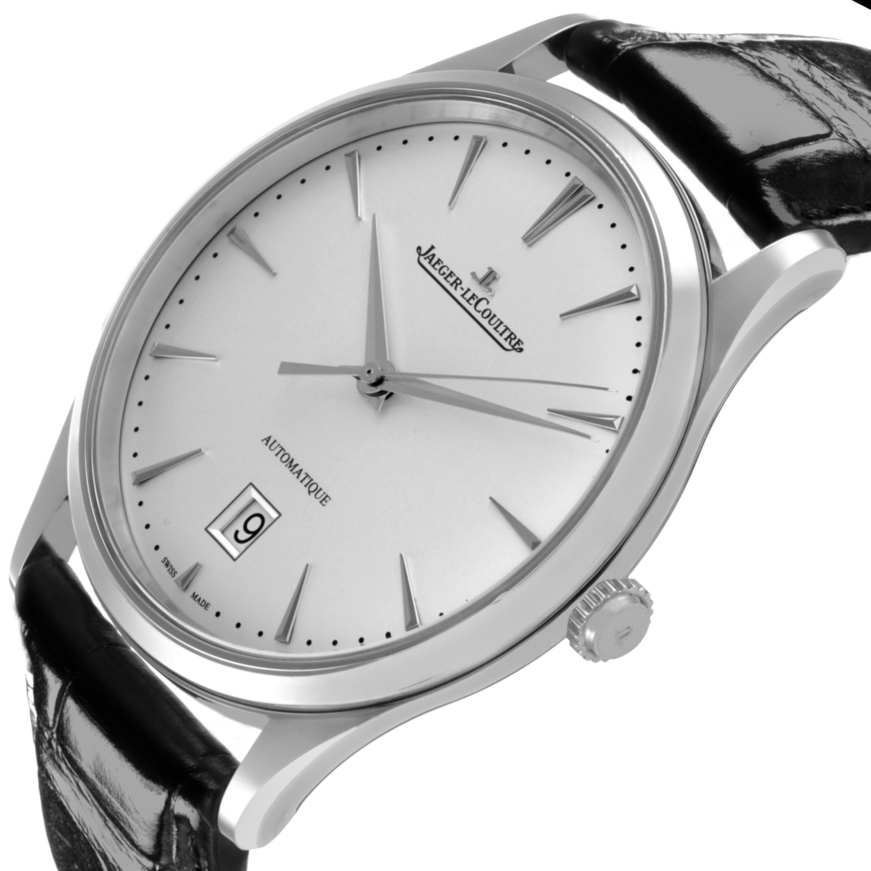 The watch is a Jaeger LeCoultre Master Q1238420 Men's Stainless Steel Silver Dial model, shown at a slight angle highlighting the face, lugs, crown, and black leather strap.