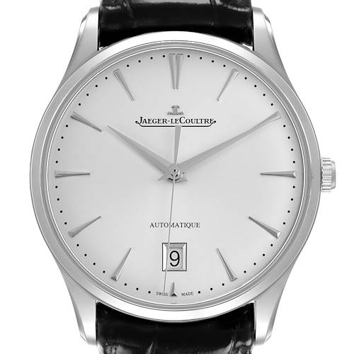 The Jaeger-LeCoultre Master watch is shown from the front, displaying the dial, hands, and date window.