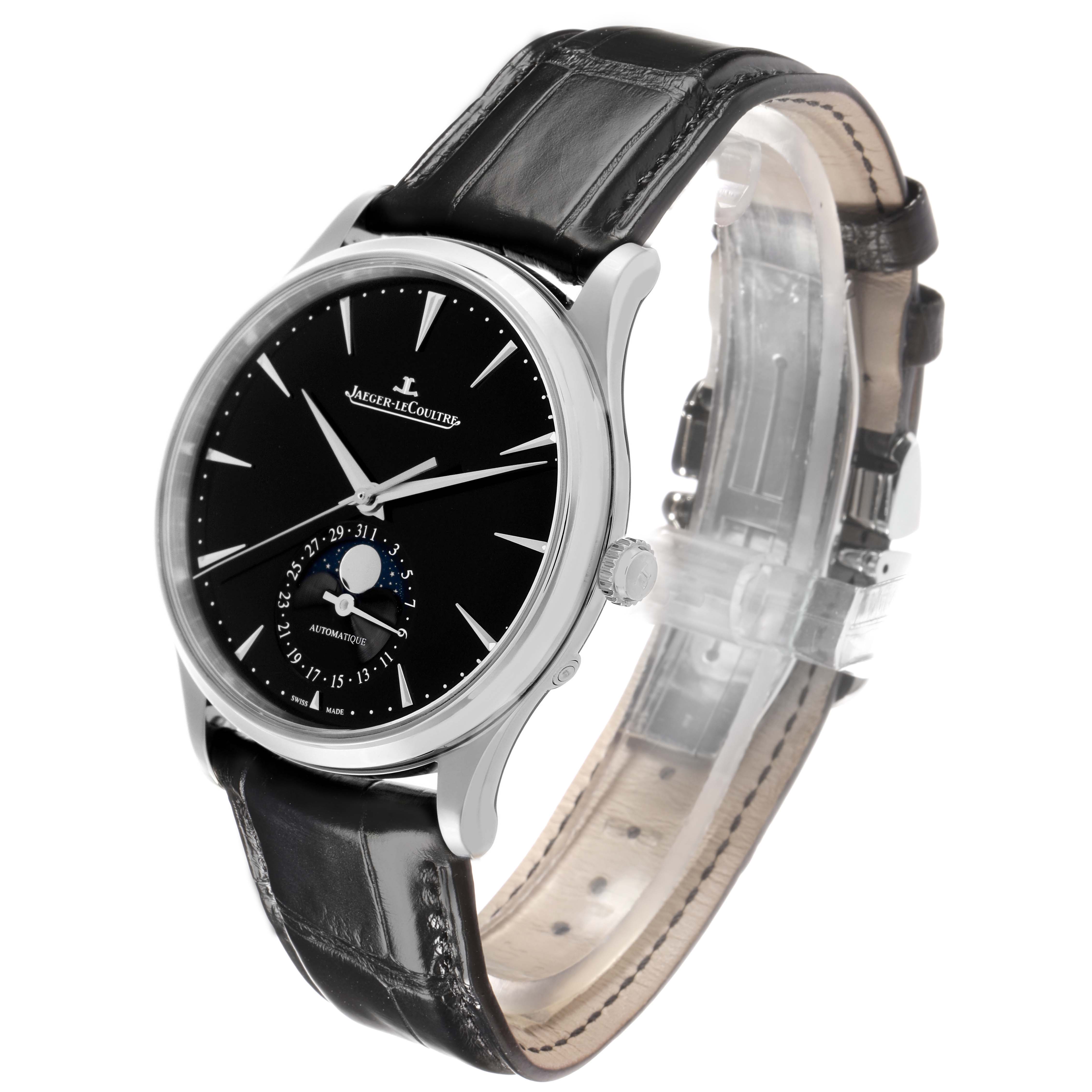 The Jaeger-LeCoultre Master watch is shown at a front-angled view, displaying the face, leather strap, and moon phase complication.