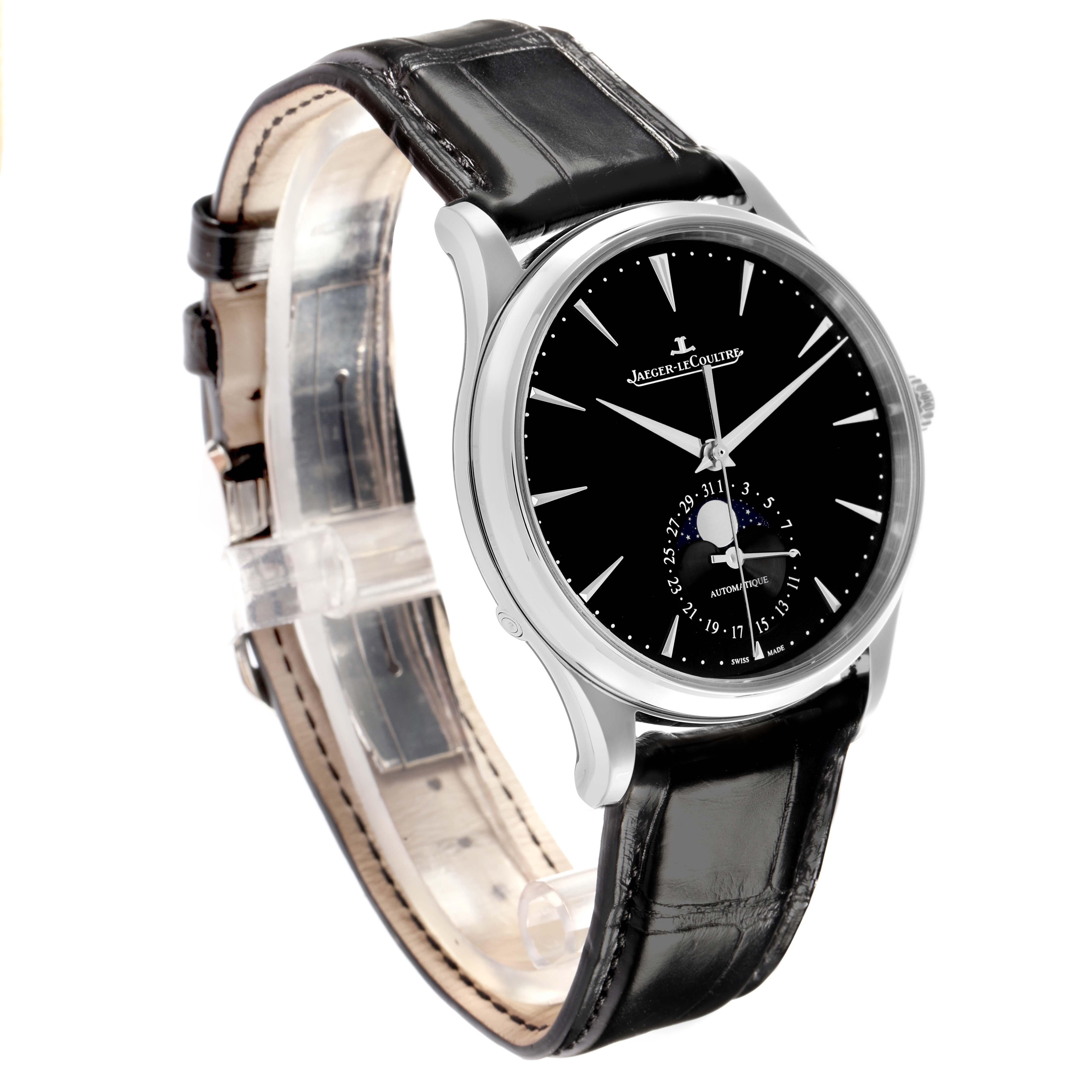 The Jaeger-LeCoultre Master watch is shown at a slight angle, displaying the face, case, and part of the leather strap.