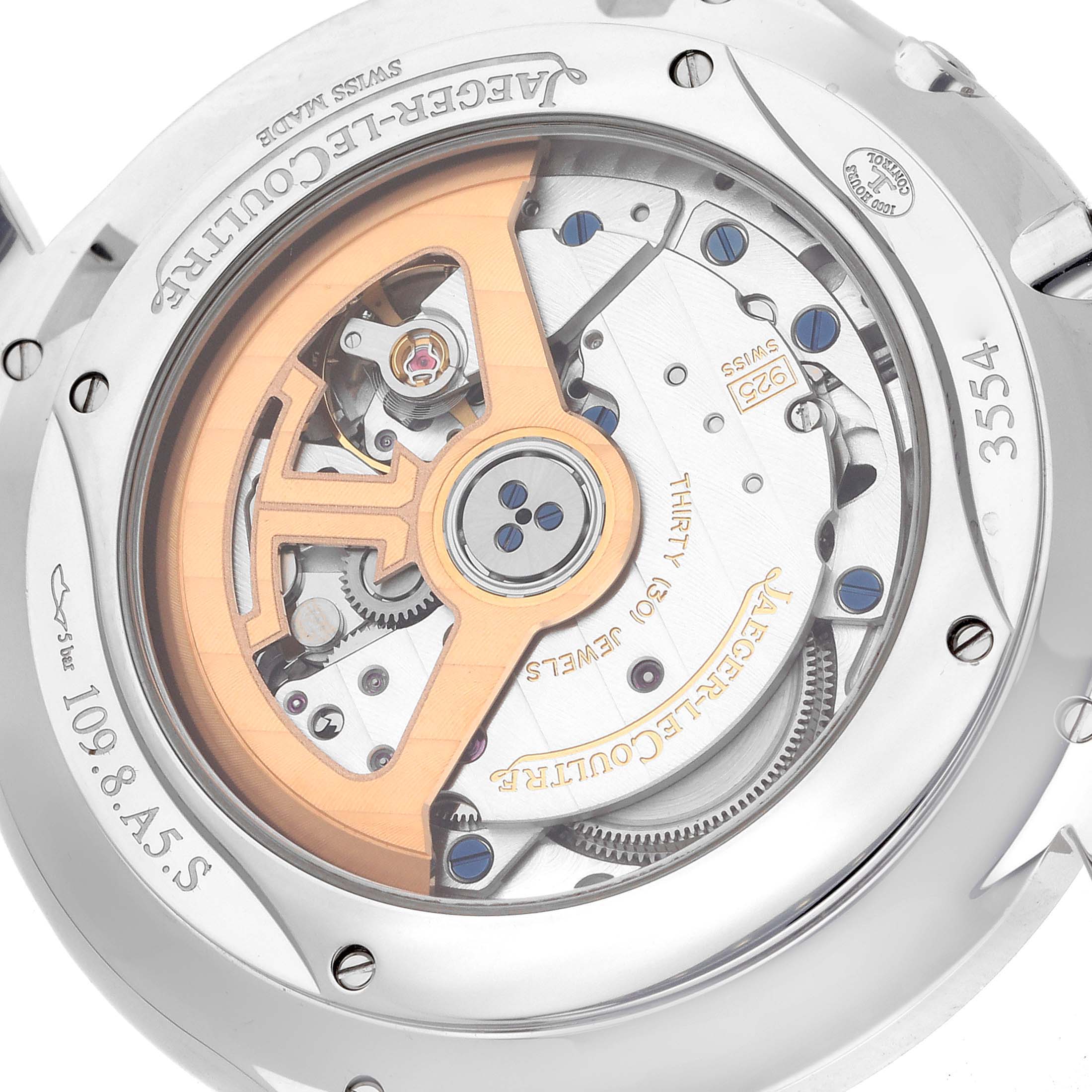 The image shows the back of a Jaeger LeCoultre Master Q1368471 Men
s Stainless Steel Black Dial model, featuring the exposed movement and rotor.