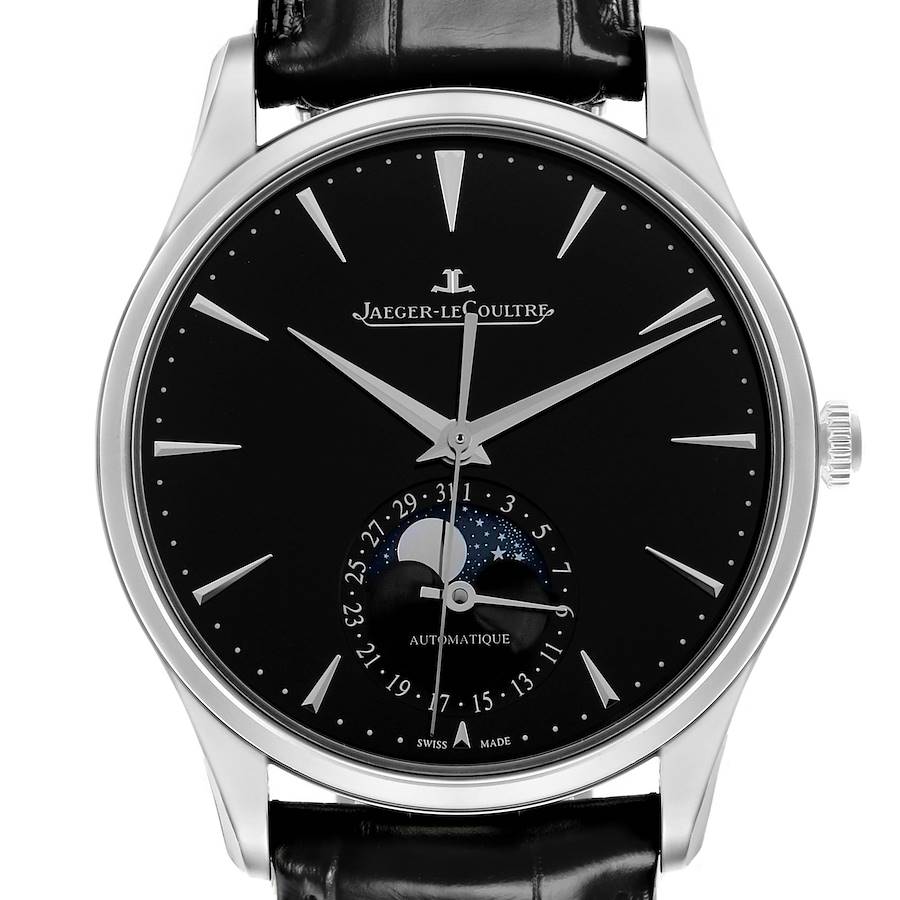 The image shows a front view of the Jaeger-LeCoultre Master model, highlighting its black dial, moon phase, and date subdial.